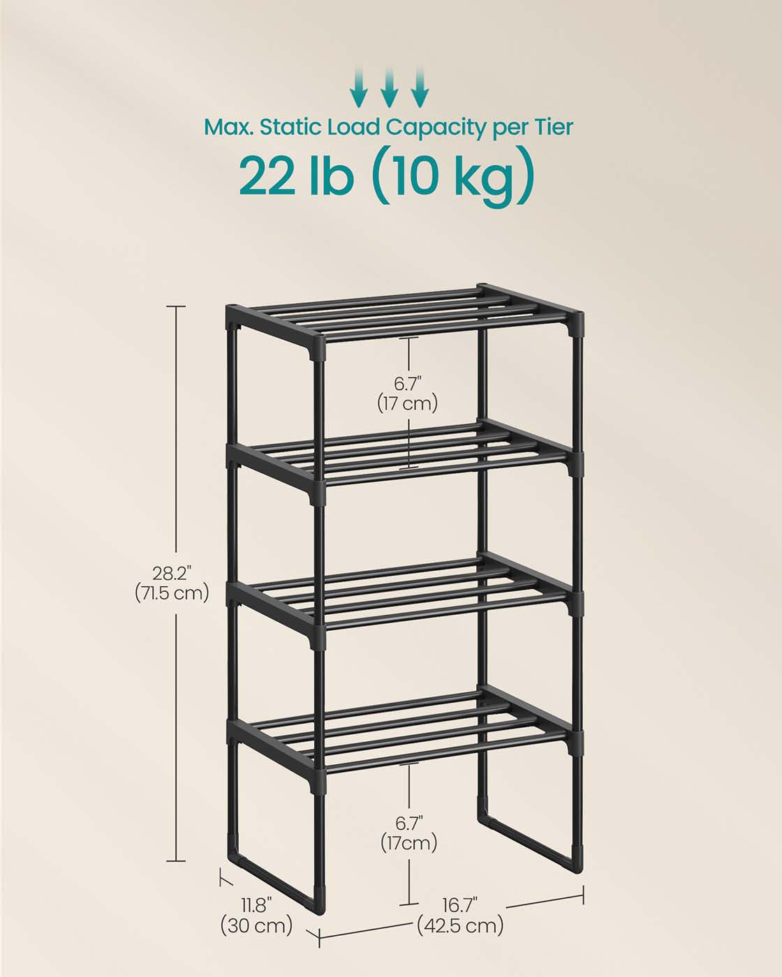 4-Tier Shoe Rack - Holds Up to 20 Pairs - Metal - Black