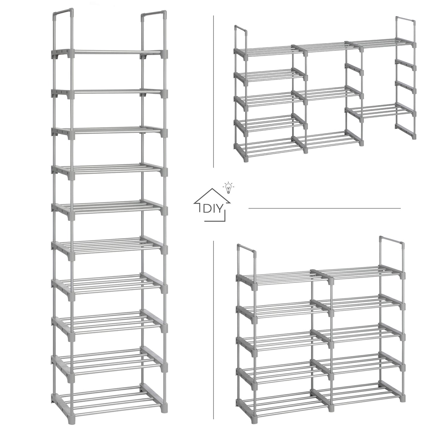 Shoe Rack - Metal - Grey - Height-Adjustable 10-Shelf Design
