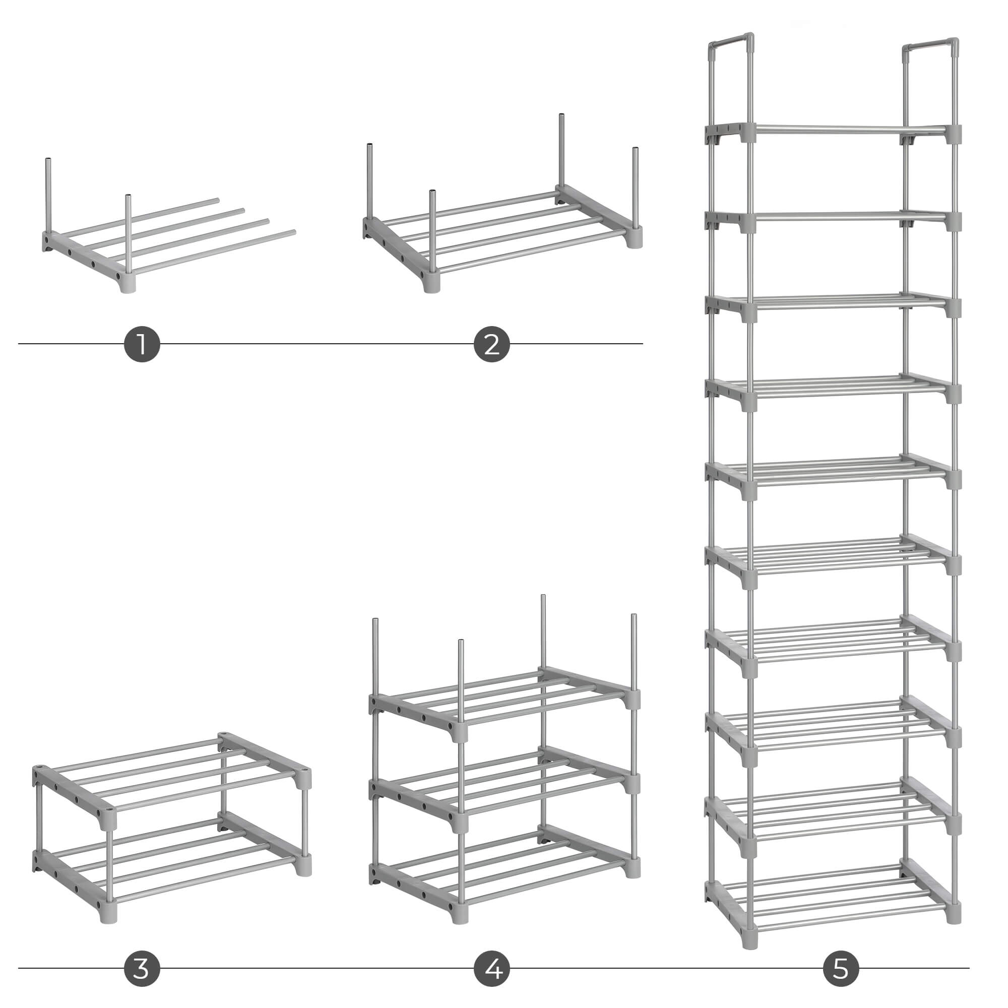 Shoe Rack - Metal - Grey - Height-Adjustable 10-Shelf Design