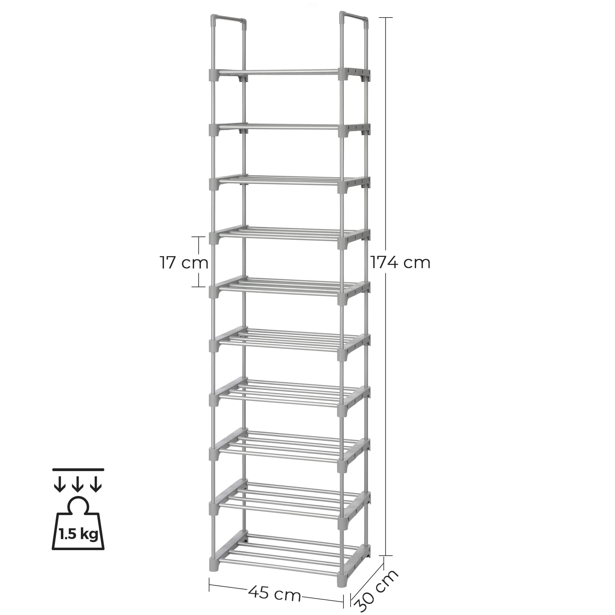 Shoe Rack - Metal - Grey - Height-Adjustable 10-Shelf Design