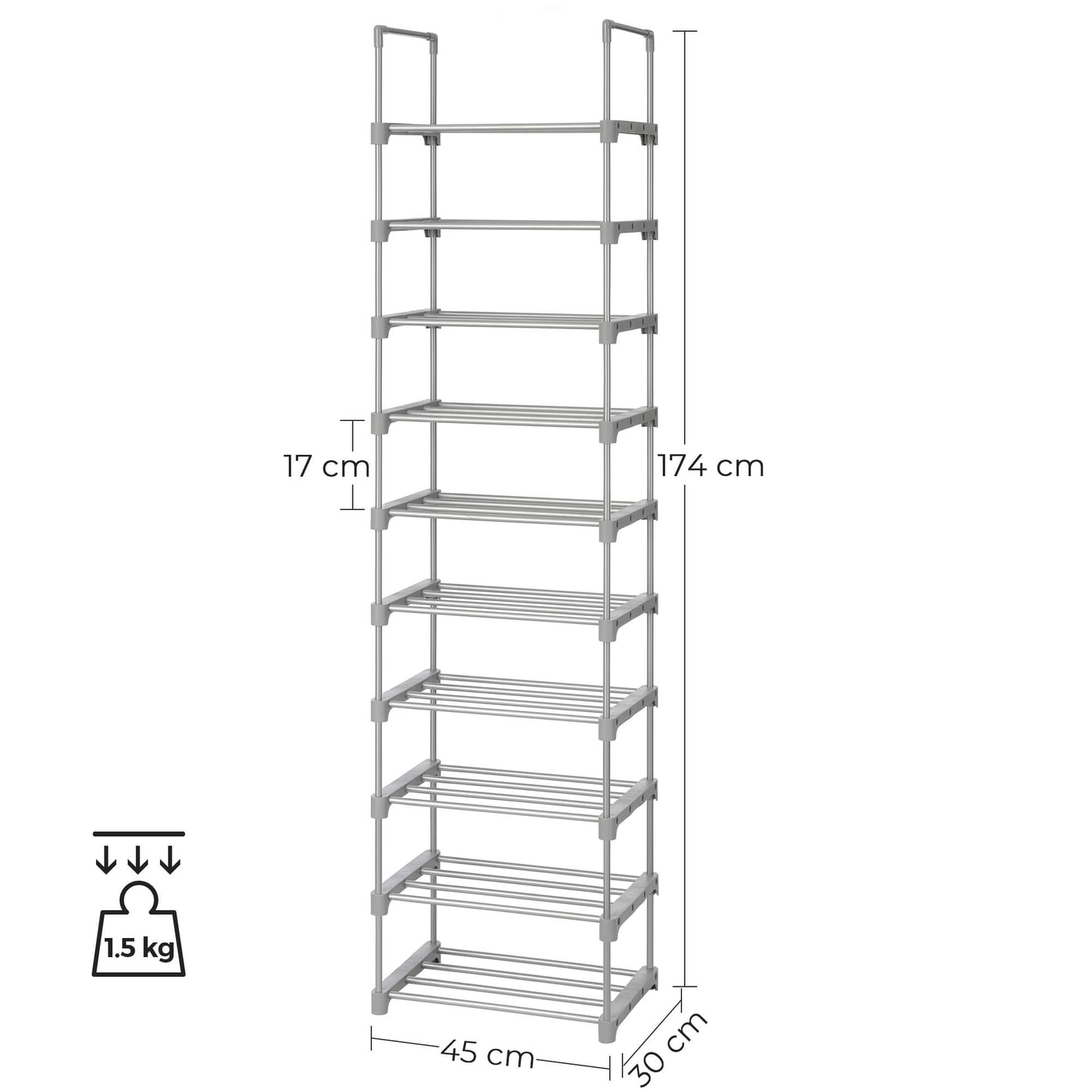 Shoe Rack - Metal - Grey - Height-Adjustable 10-Shelf Design