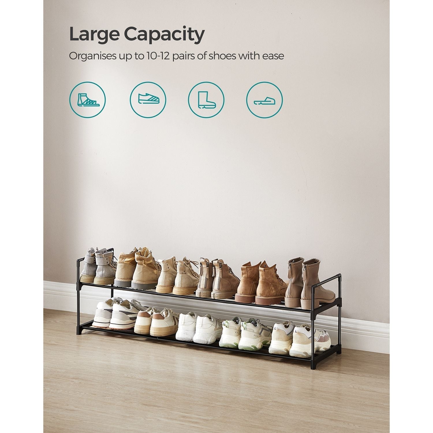 2-Tier Shoe Rack - Metal - Black - Holds Up to 10 Pairs of Shoes