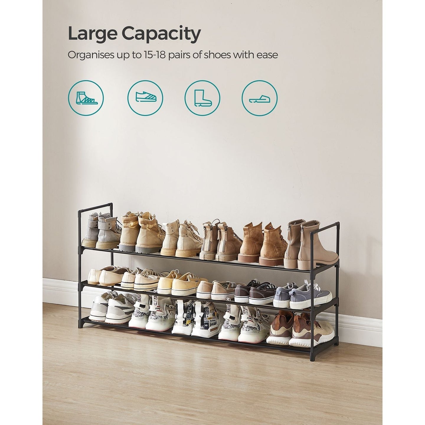 3-Tier Iron Shoe Rack - Black