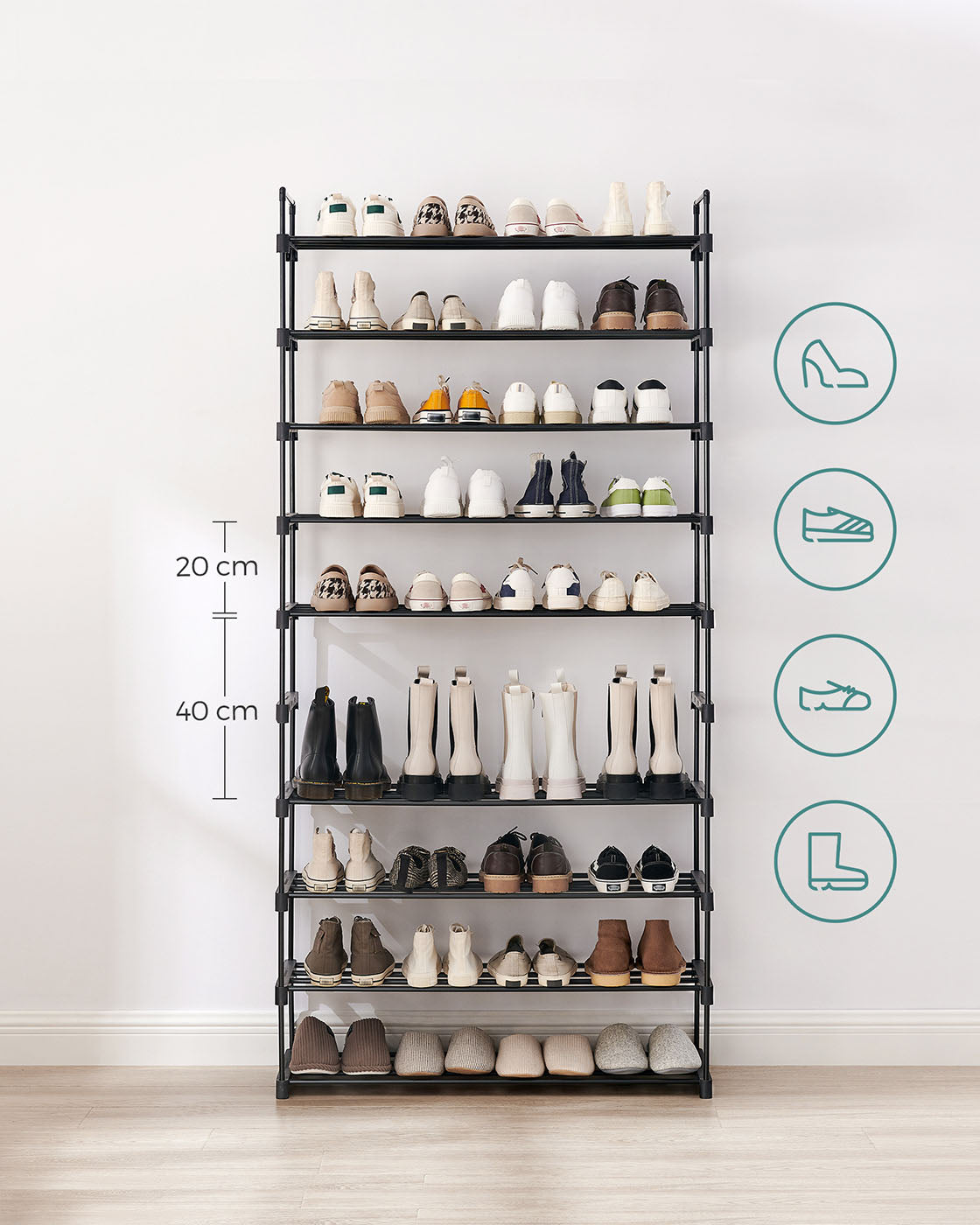 10-Tier Metal Shoe Rack - Holds Up to 50 Pairs - Black