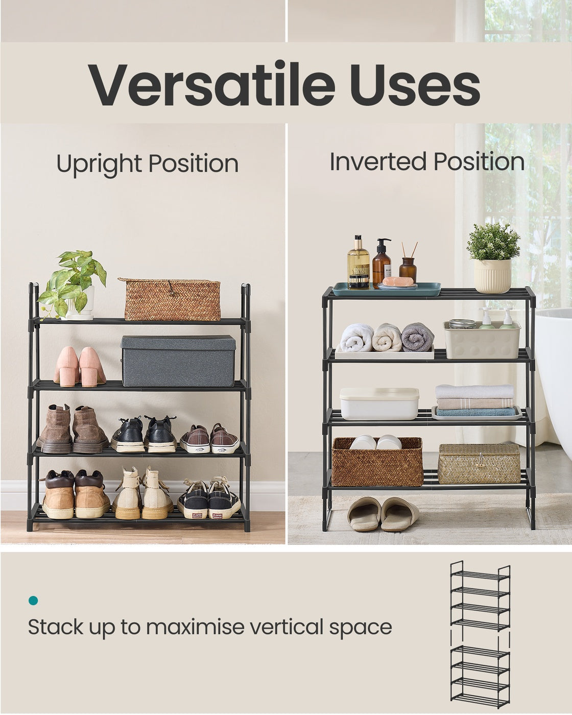 4-Tier Shoe Rack - Metal - Black - Stackable
