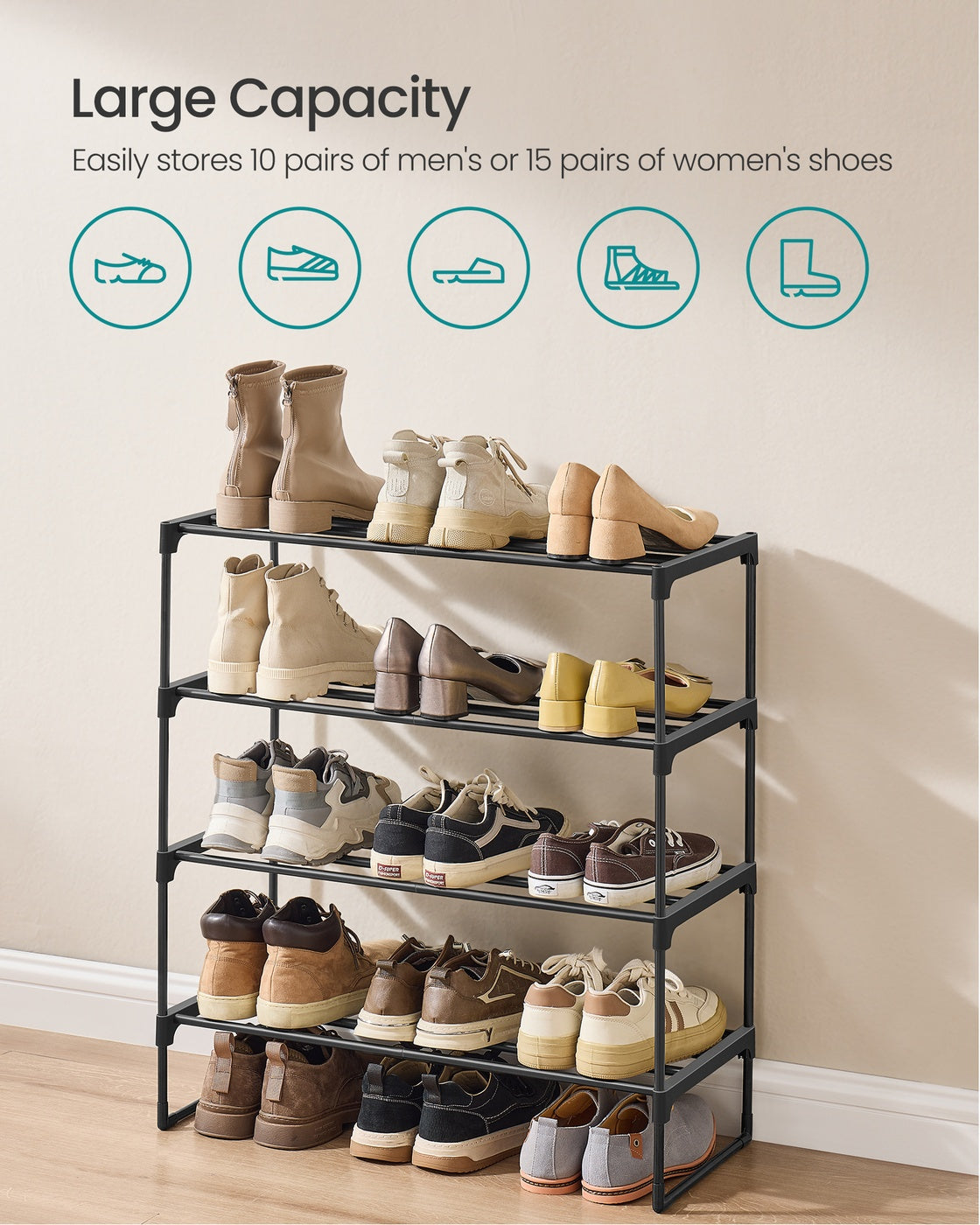 4-Tier Shoe Rack - Metal - Black - Stackable