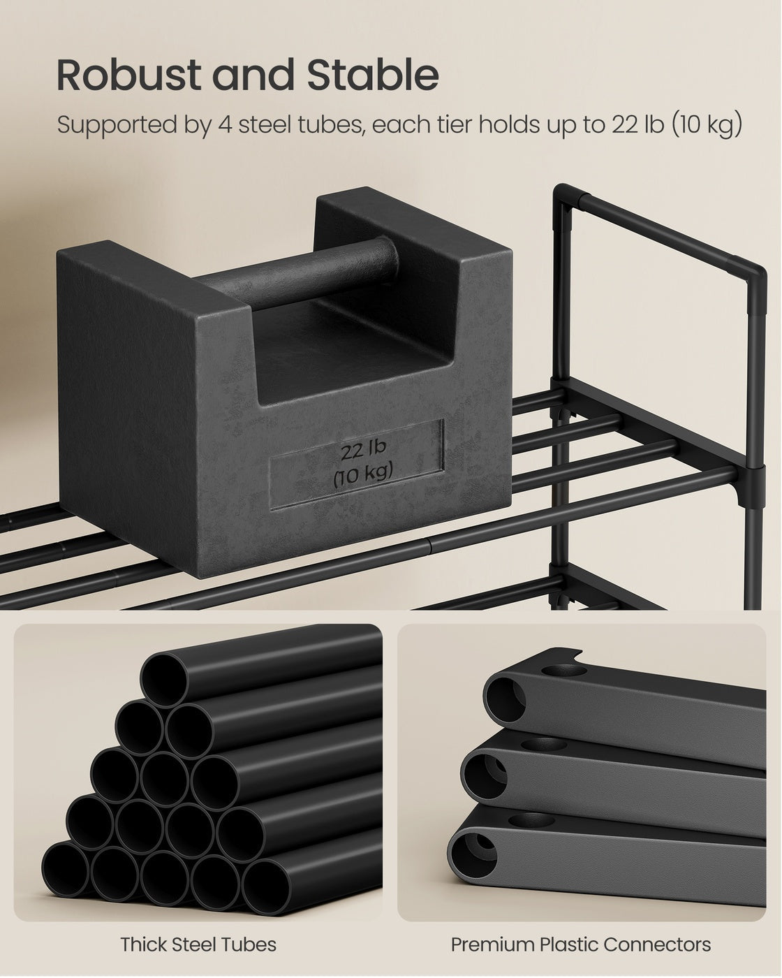 4-Tier Shoe Rack - Metal - Black - Stackable
