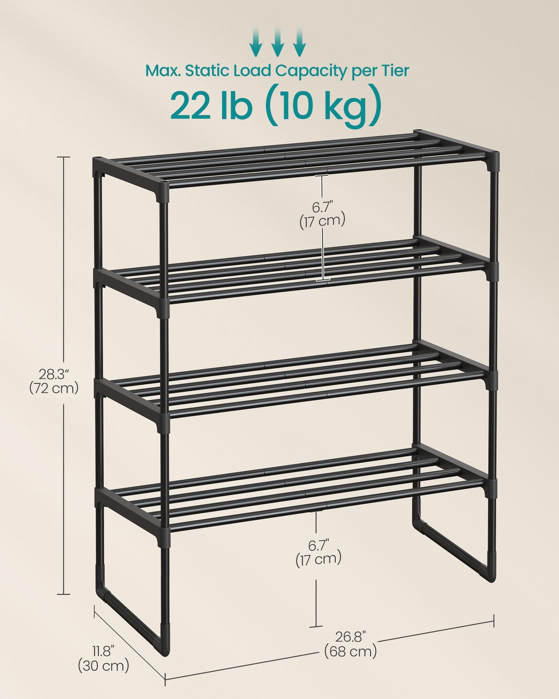 4-Tier Shoe Rack - Metal - Black - Stackable