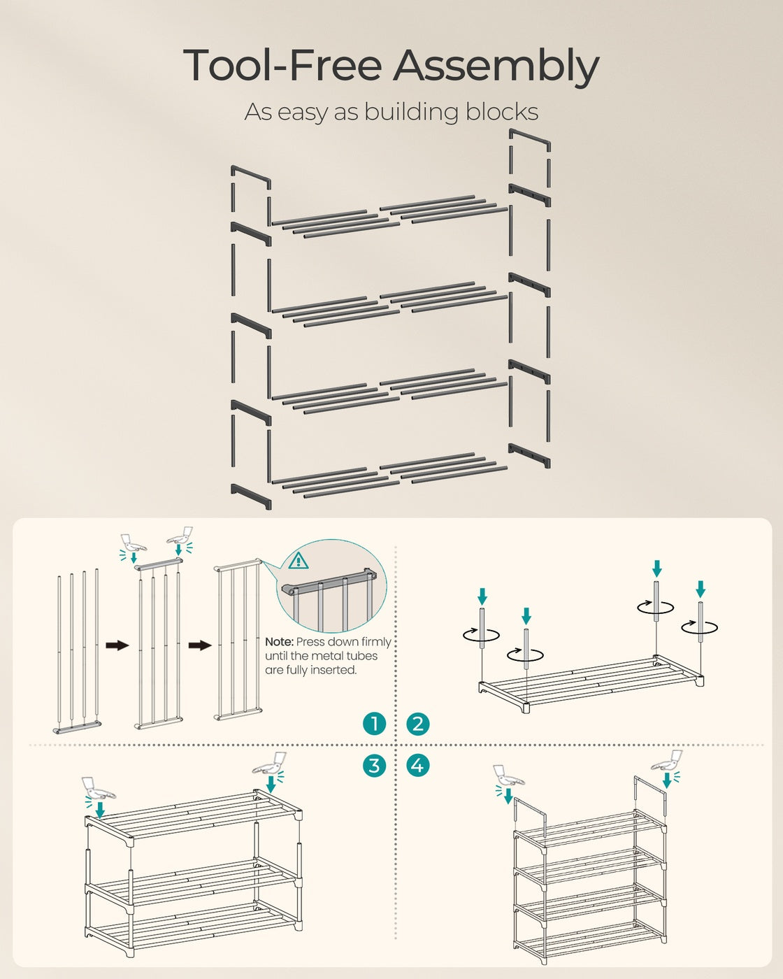 4-Tier Shoe Rack - Metal - Black - Stackable