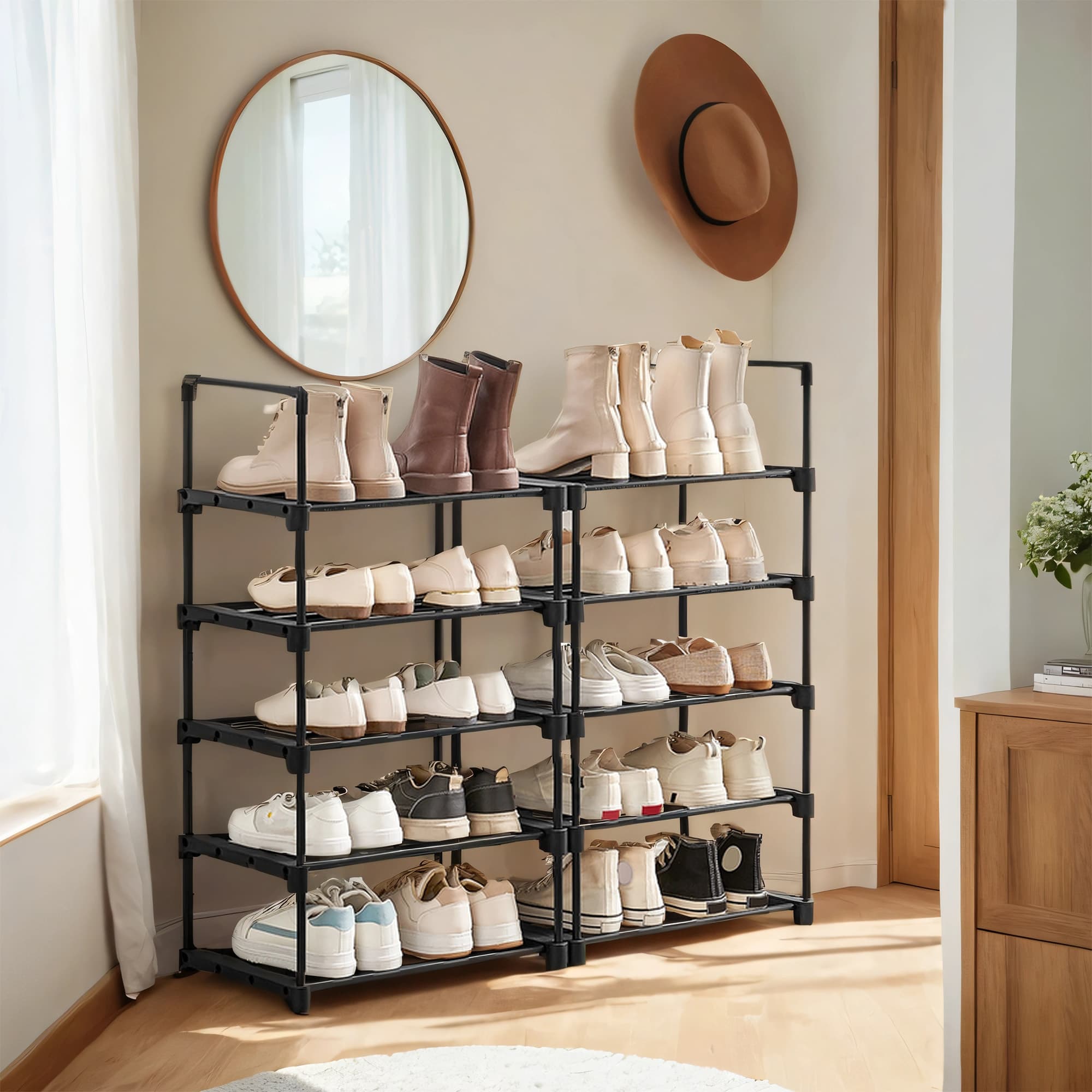 10-Tier Shoe Rack - Metal - Black - Customisable Design for Space-Saving Storage in Hallway or Dressing Room