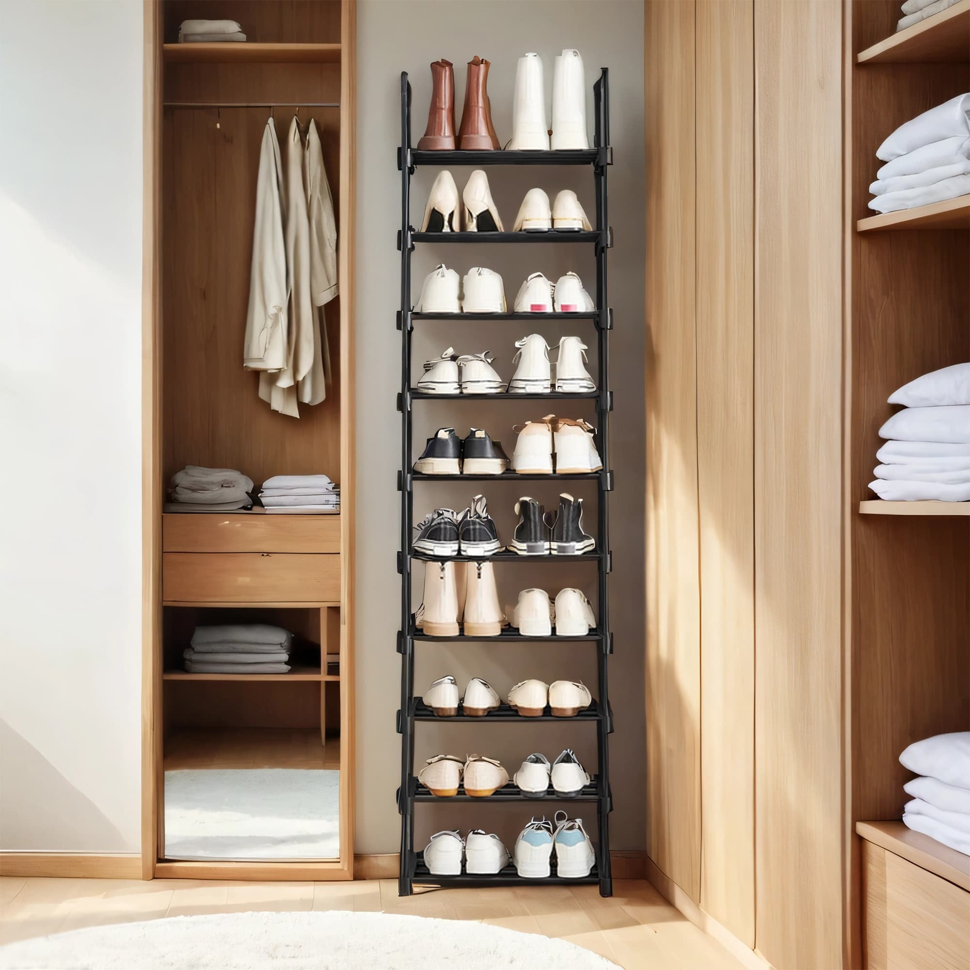 10-Tier Shoe Rack - Metal - Black - Customisable Design for Space-Saving Storage in Hallway or Dressing Room