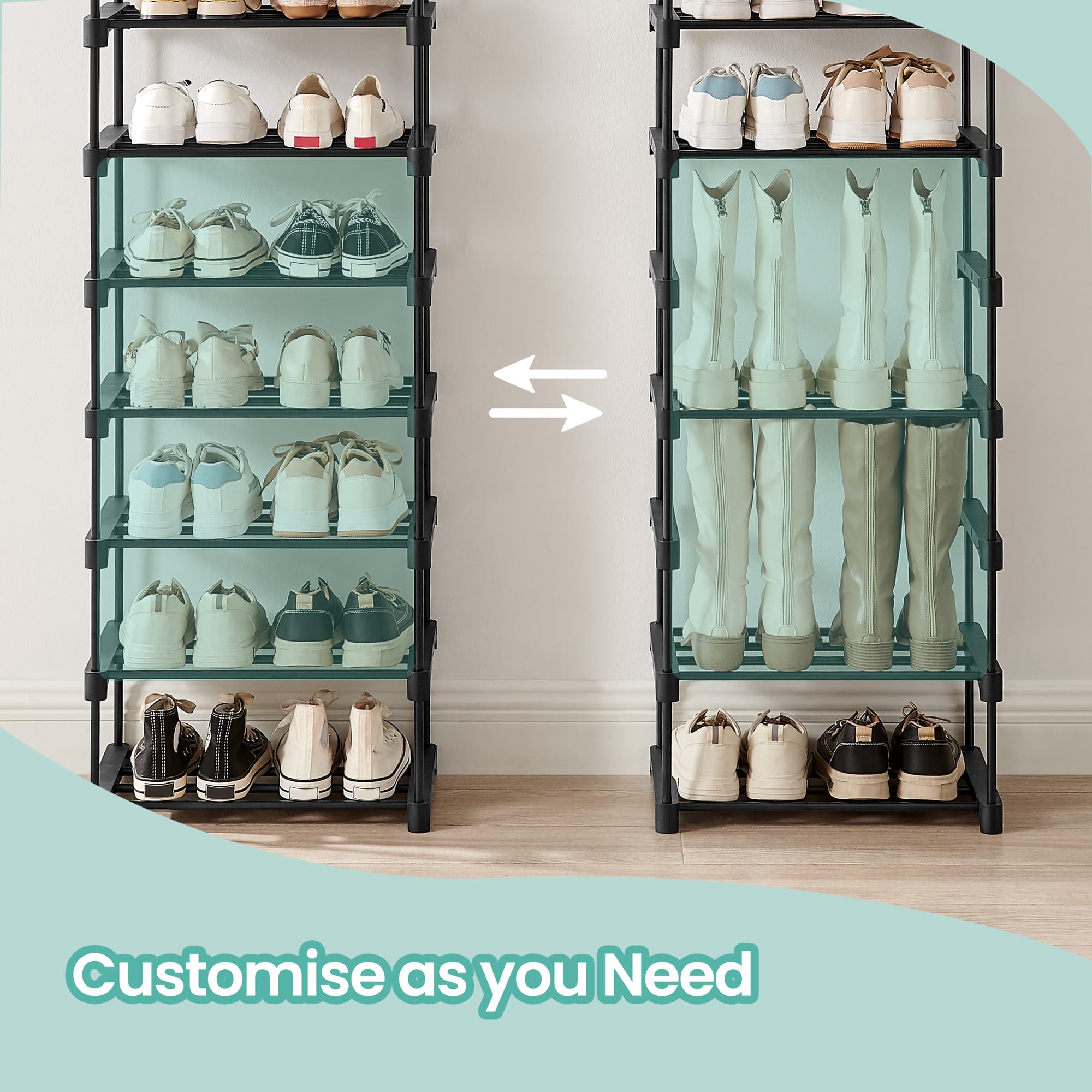 10-Tier Shoe Rack - Metal - Black - Customisable Design for Space-Saving Storage in Hallway or Dressing Room