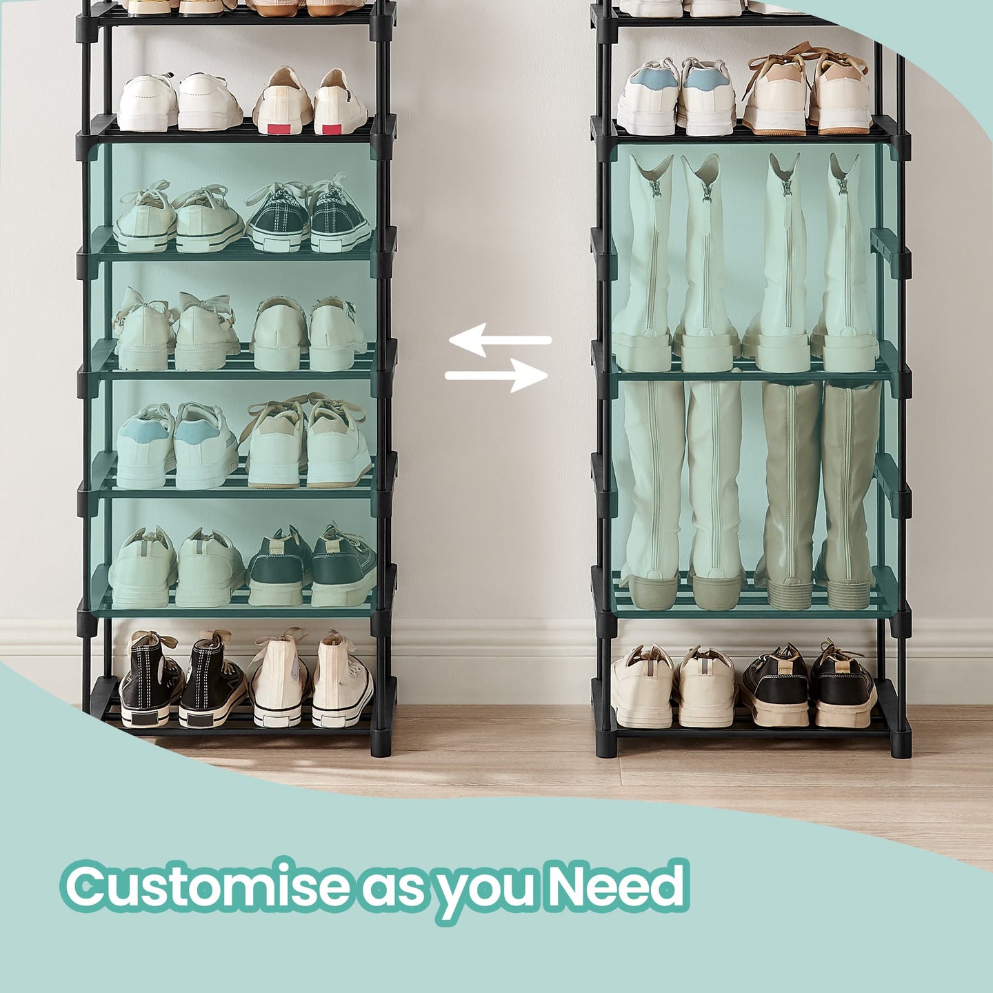 10-Tier Shoe Rack - Metal - Black - Customisable Design for Space-Saving Storage in Hallway or Dressing Room