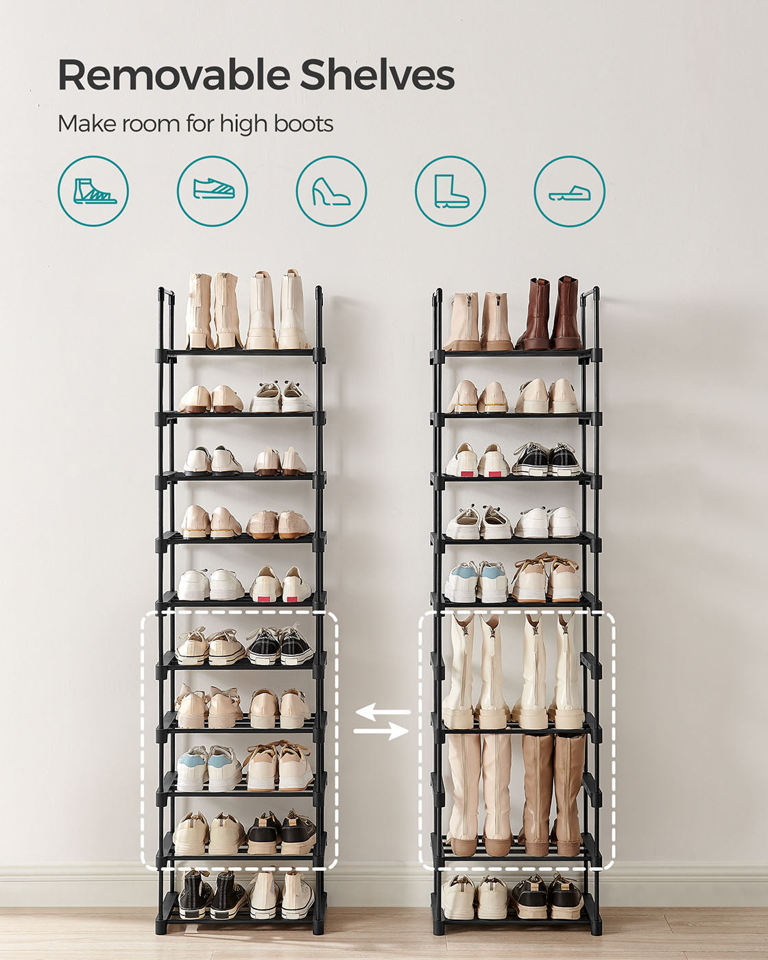 10-Shelf Shoe Rack - Iron - Black - Sturdy Support for Your Collection