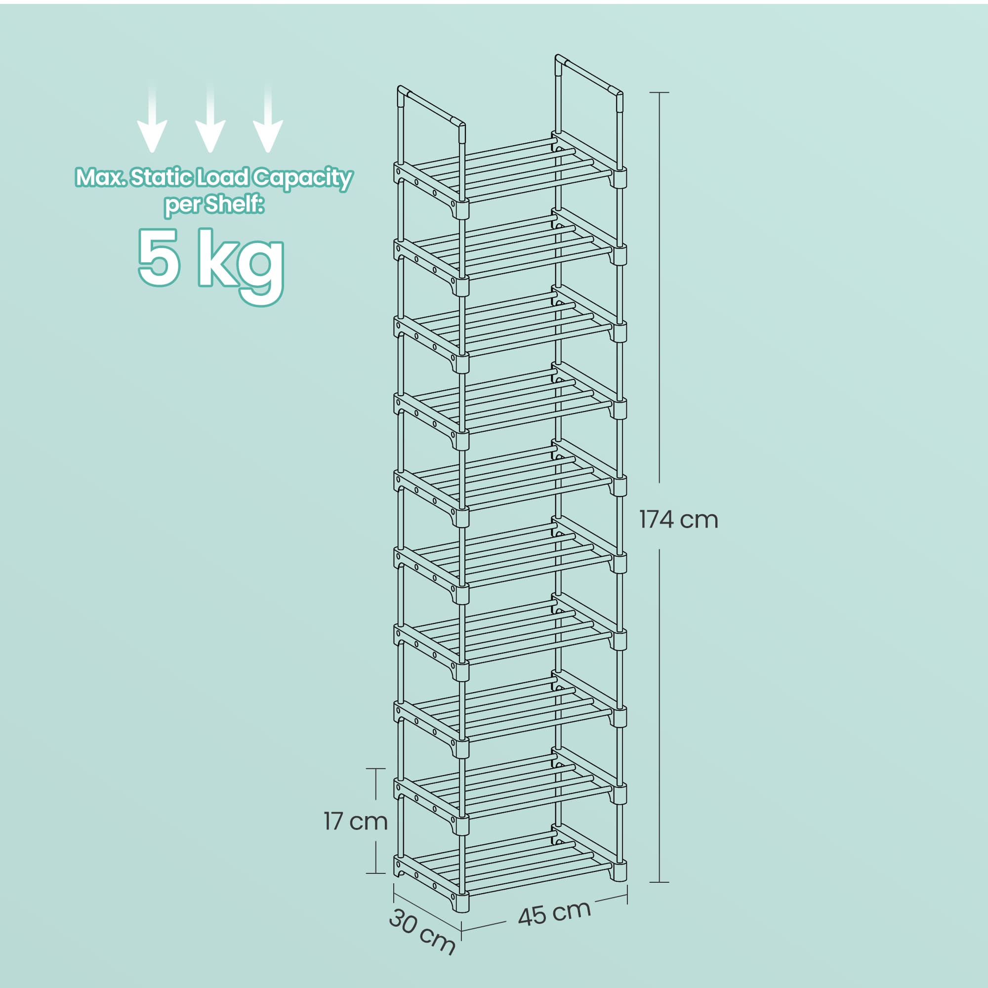 10-Tier Shoe Rack - Metal - Black - Customisable Design for Space-Saving Storage in Hallway or Dressing Room