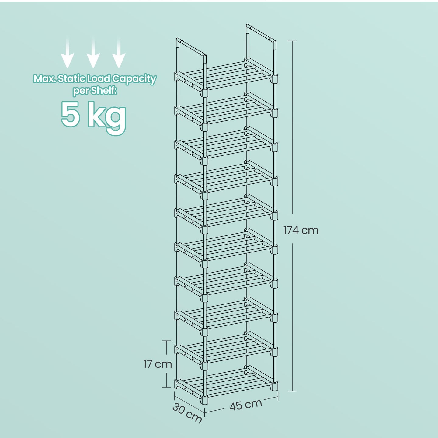 10-Tier Shoe Rack - Metal - Black - Customisable Design for Space-Saving Storage in Hallway or Dressing Room