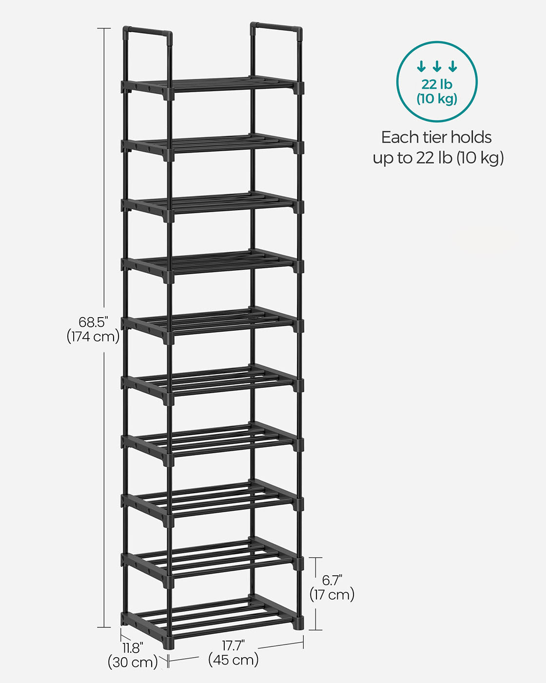 10-Shelf Shoe Rack - Iron - Black - Sturdy Support for Your Collection