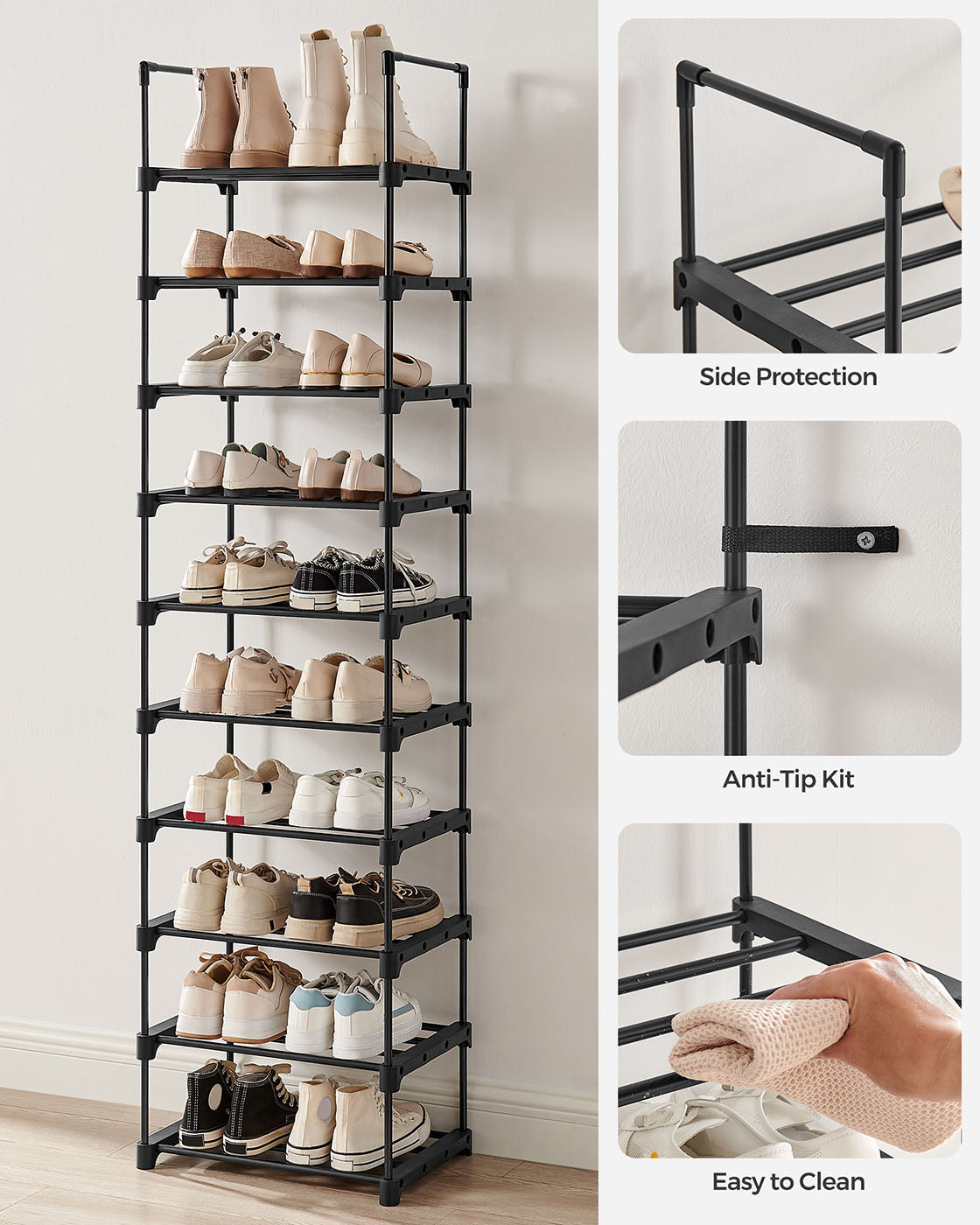 10-Shelf Shoe Rack - Iron - Black - Sturdy Support for Your Collection