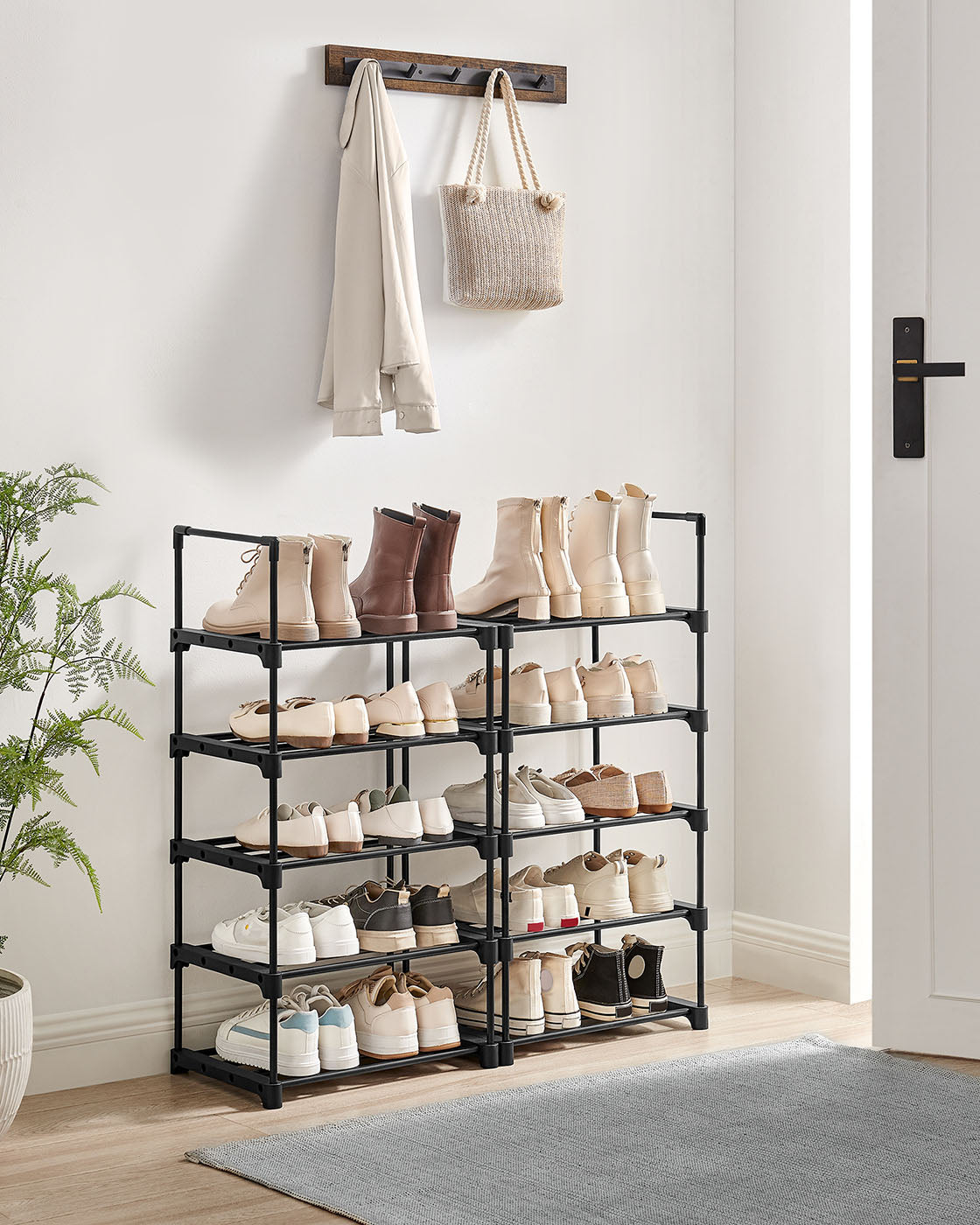 10-Shelf Shoe Rack - Iron - Black - Sturdy Support for Your Collection