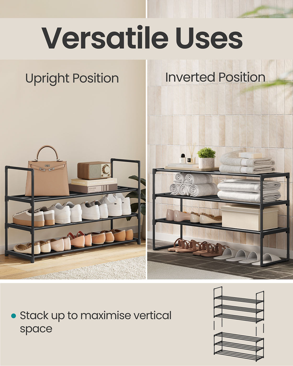 3-Tier Shoe Rack - Metal - Black - Stackable and Easy to Assemble