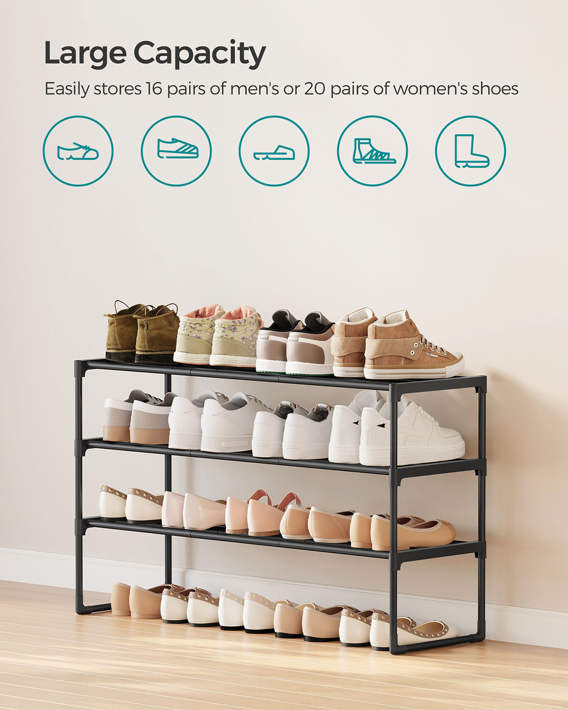 3-Tier Shoe Rack - Metal - Black - Stackable and Easy to Assemble