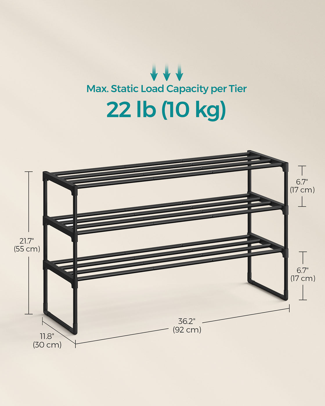 3-Tier Shoe Rack - Metal - Black - Stackable and Easy to Assemble
