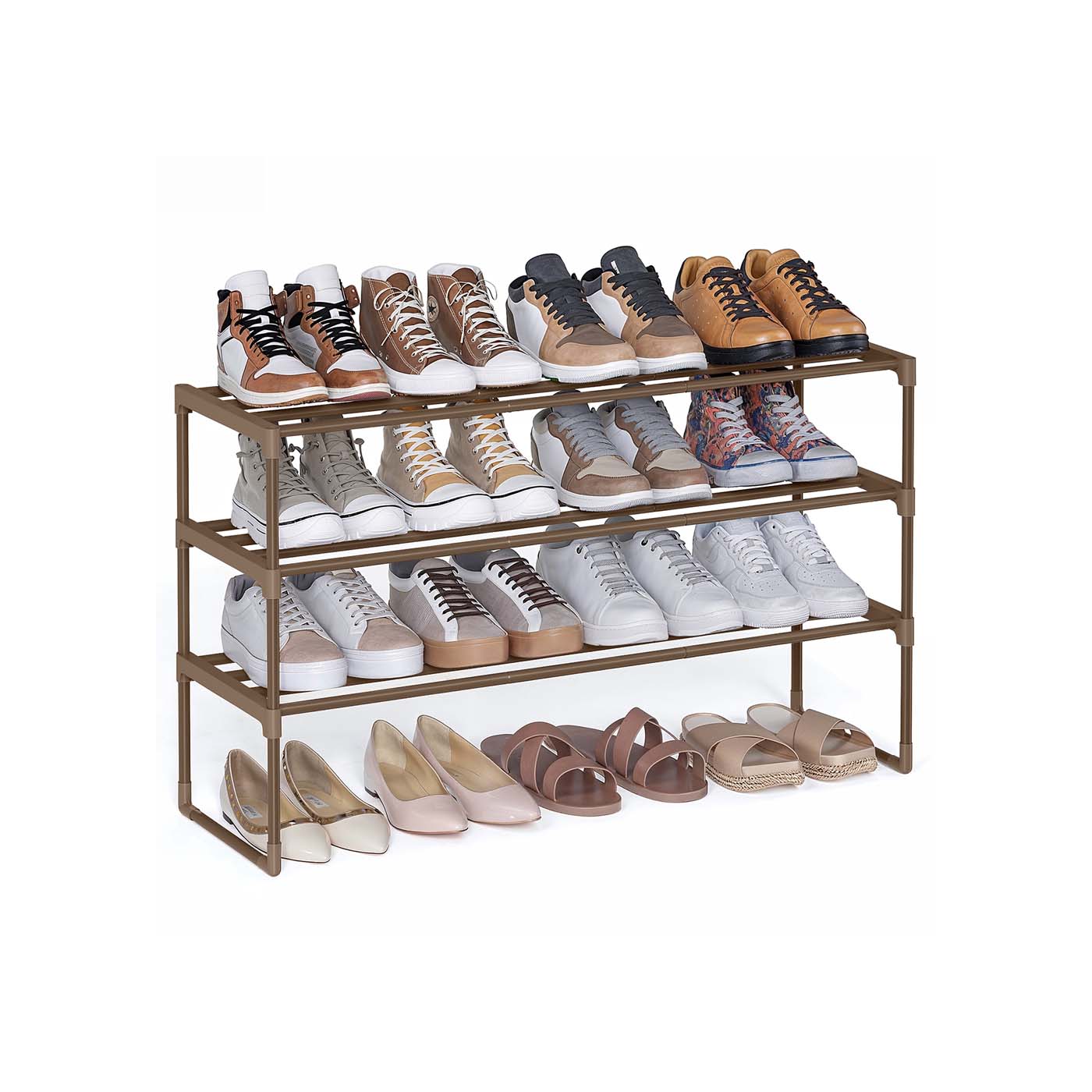 3-Tier Shoe Rack - Fits 16 to 20 Pairs - Metal - Walnut Brown - Strong and Reliable Structure