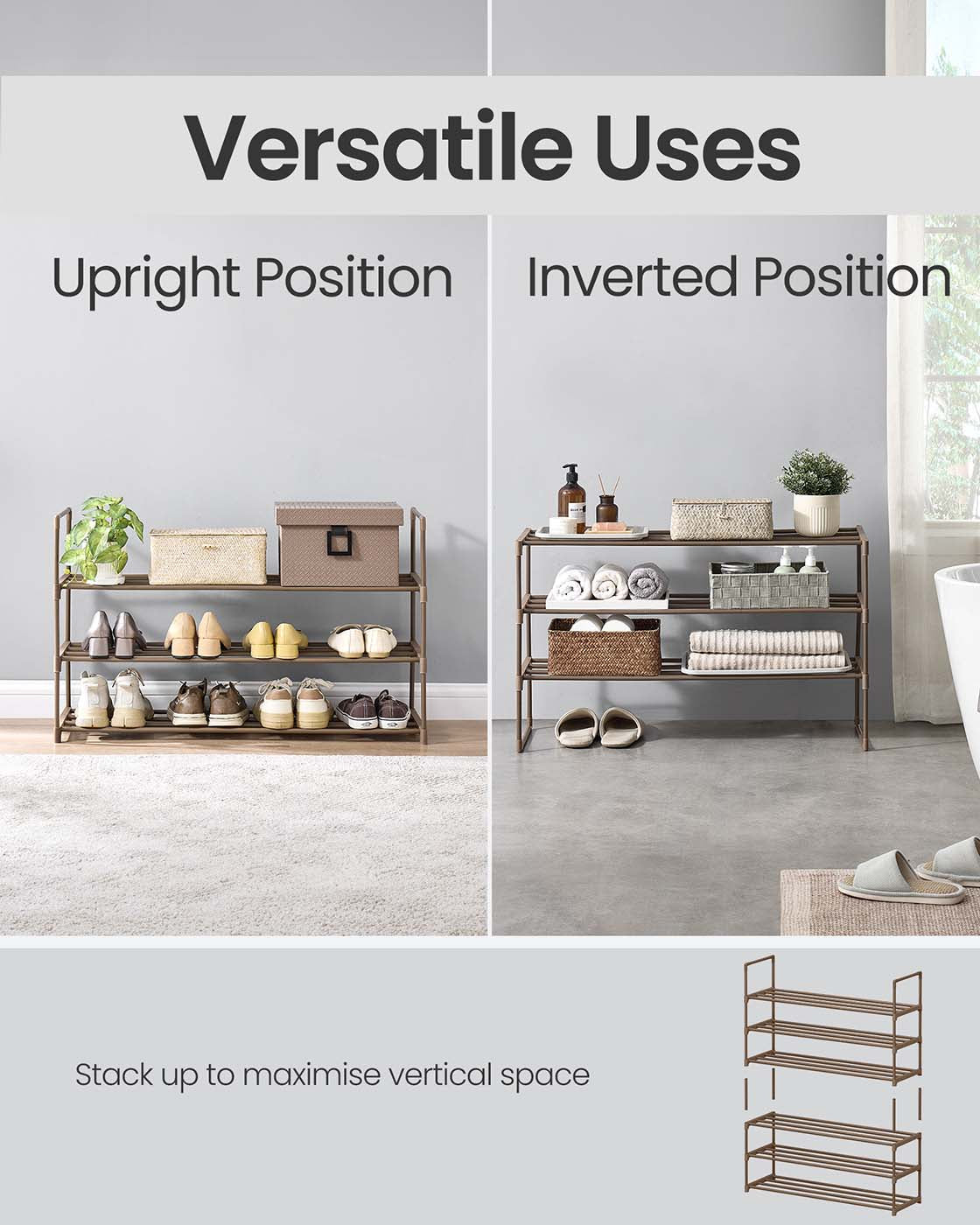 3-Tier Shoe Rack - Fits 16 to 20 Pairs - Metal - Walnut Brown - Strong and Reliable Structure