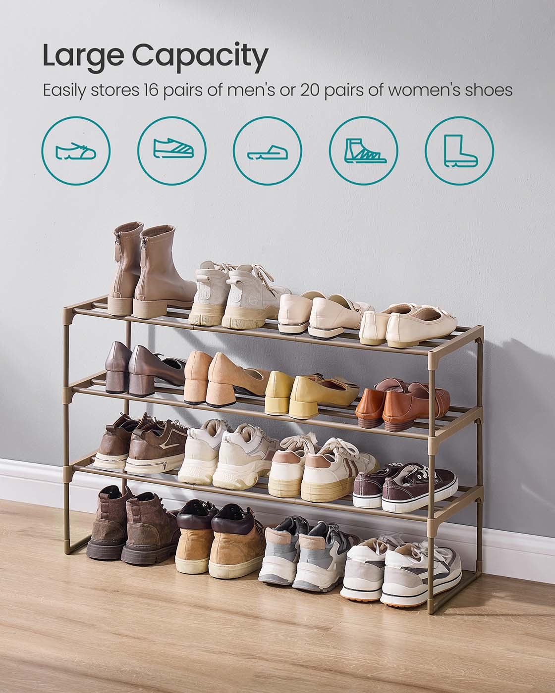 3-Tier Shoe Rack - Fits 16 to 20 Pairs - Metal - Walnut Brown - Strong and Reliable Structure