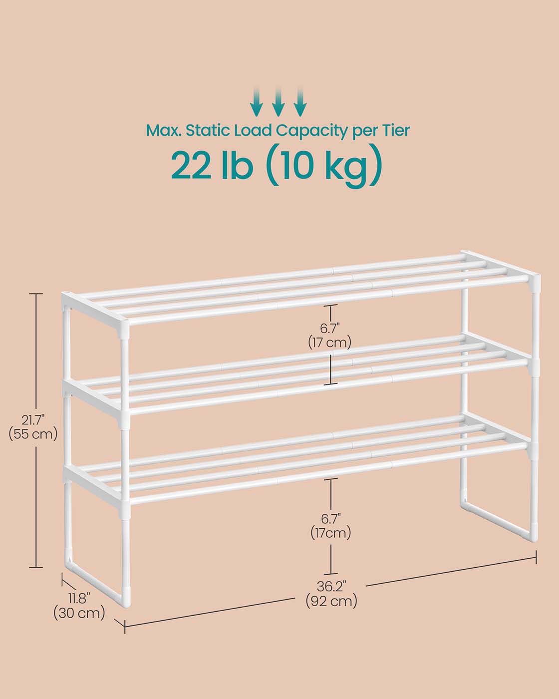 3-Tier Shoe Rack - Metal - Black - Stackable and Easy to Assemble