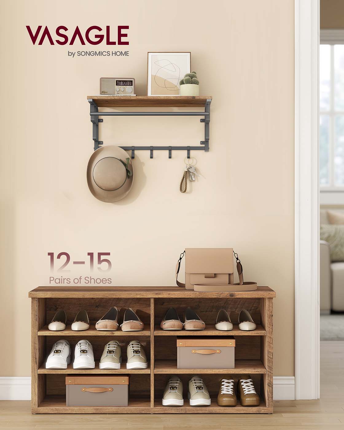 Shoe Storage Bench - Engineered Wood - Honey Brown - Adjustable Shelves
