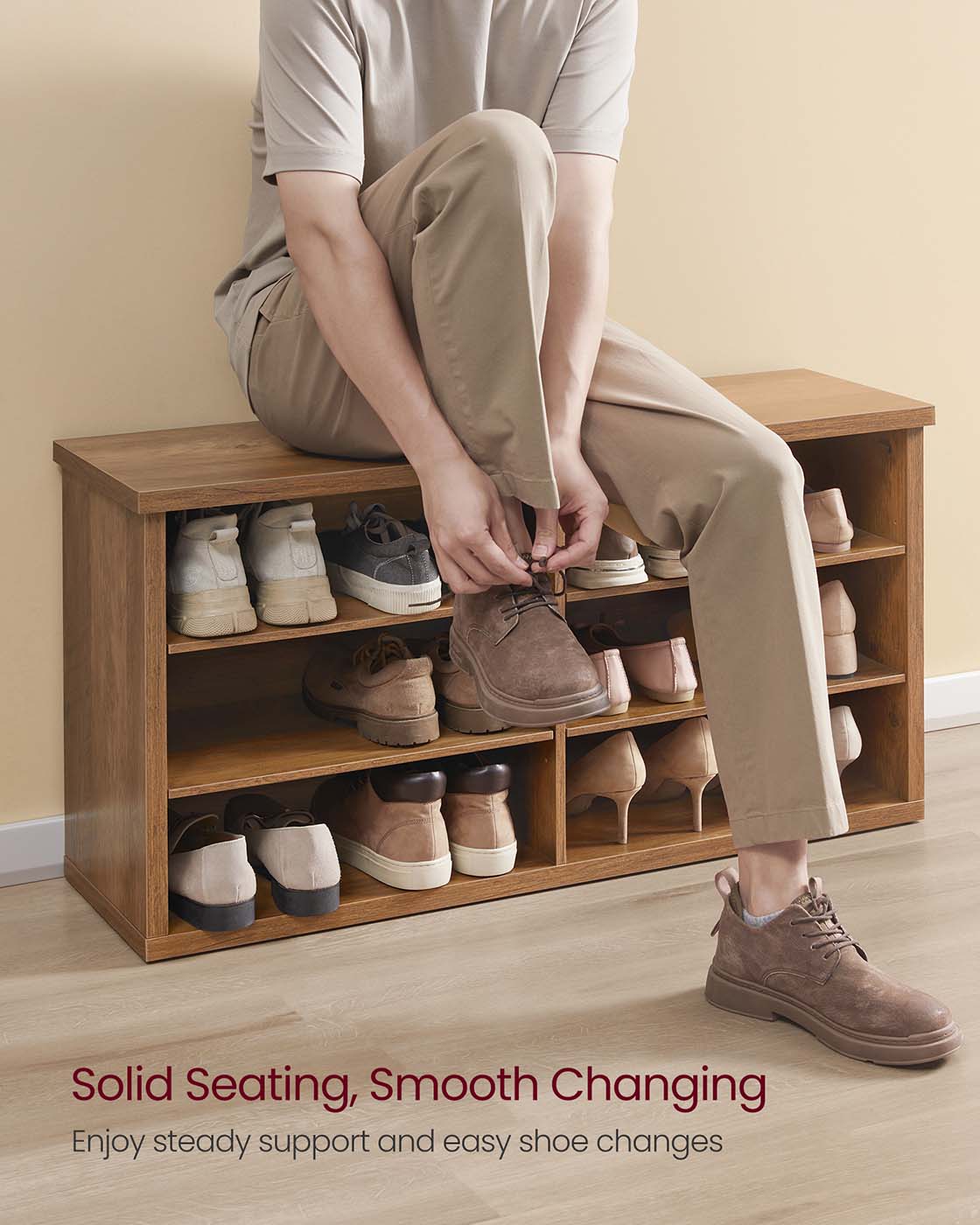 Shoe Storage Bench - Engineered Wood - Honey Brown - Adjustable Shelves