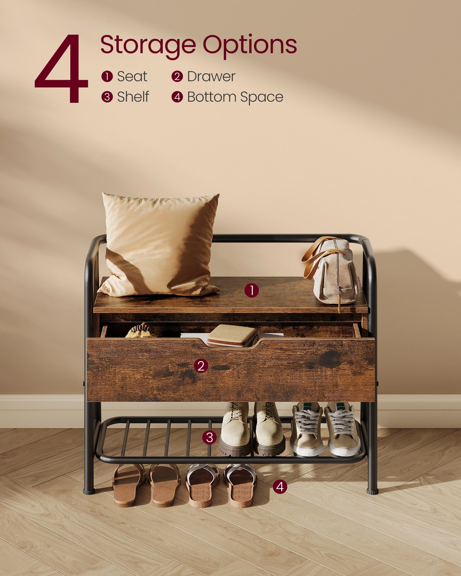 Shoe Storage Bench - Steel Frame - Rustic Brown