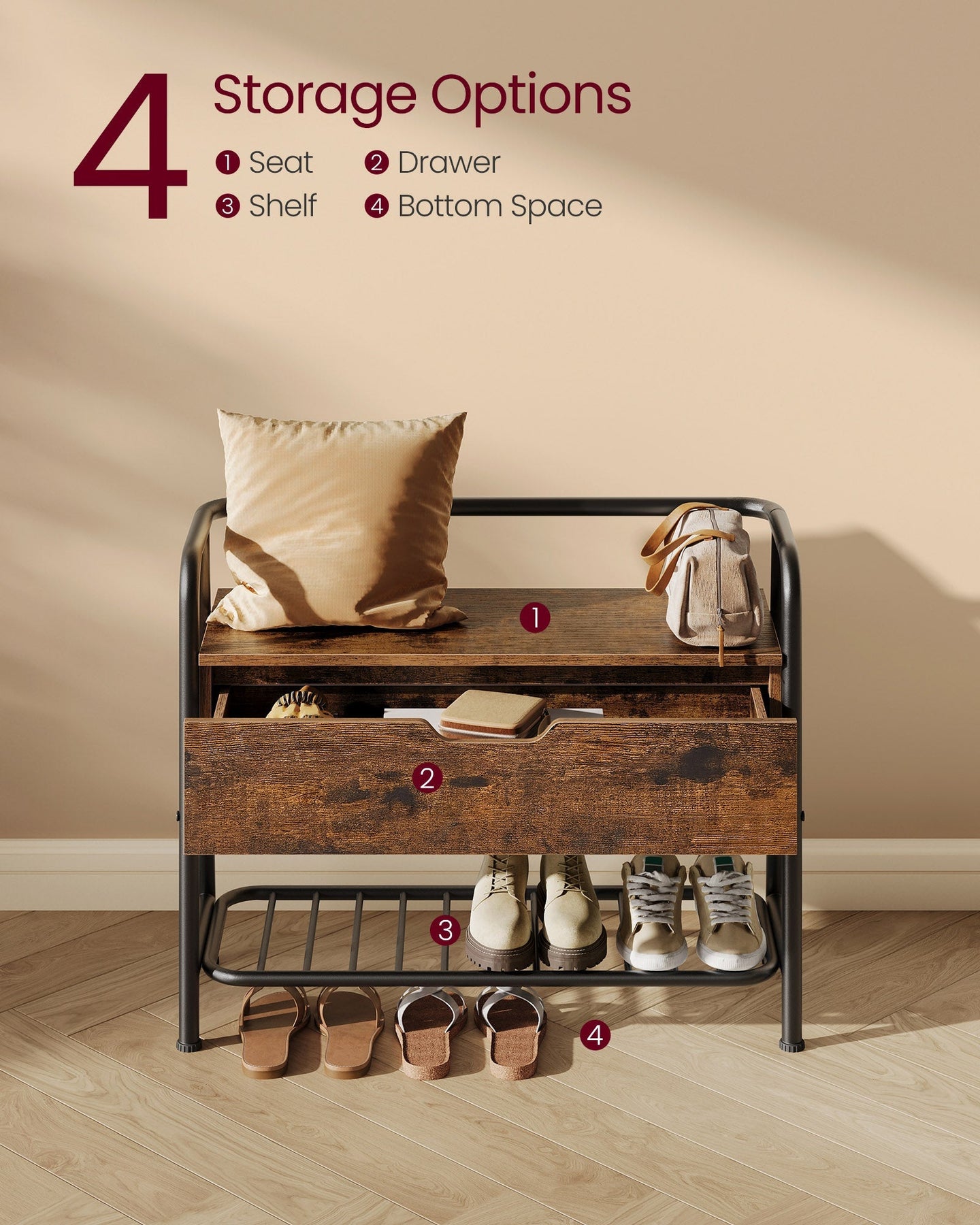 Shoe Storage Bench - Steel Frame - Rustic Brown