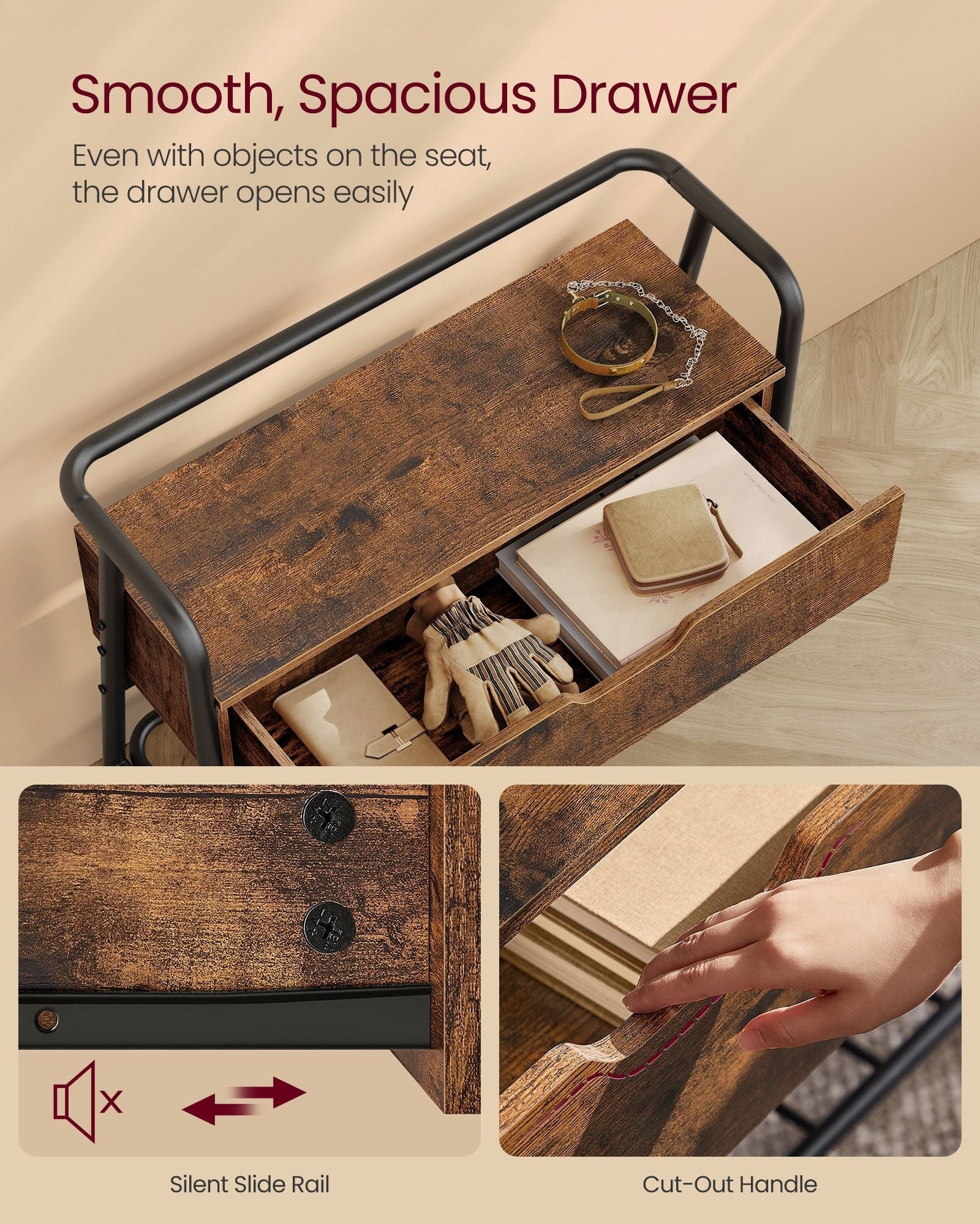 Shoe Storage Bench - Steel Frame - Rustic Brown