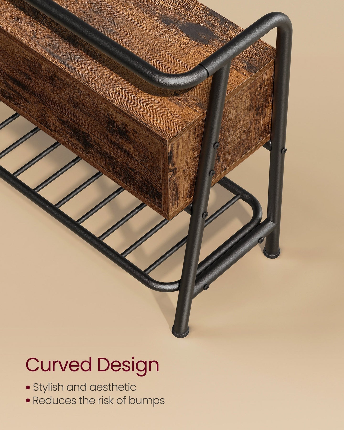 Shoe Storage Bench - Steel Frame - Rustic Brown