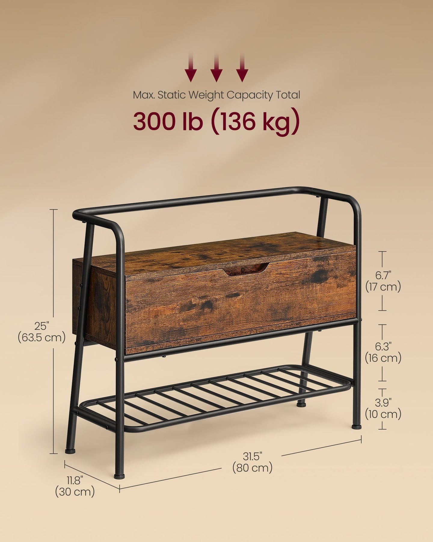 Shoe Storage Bench - Steel Frame - Rustic Brown