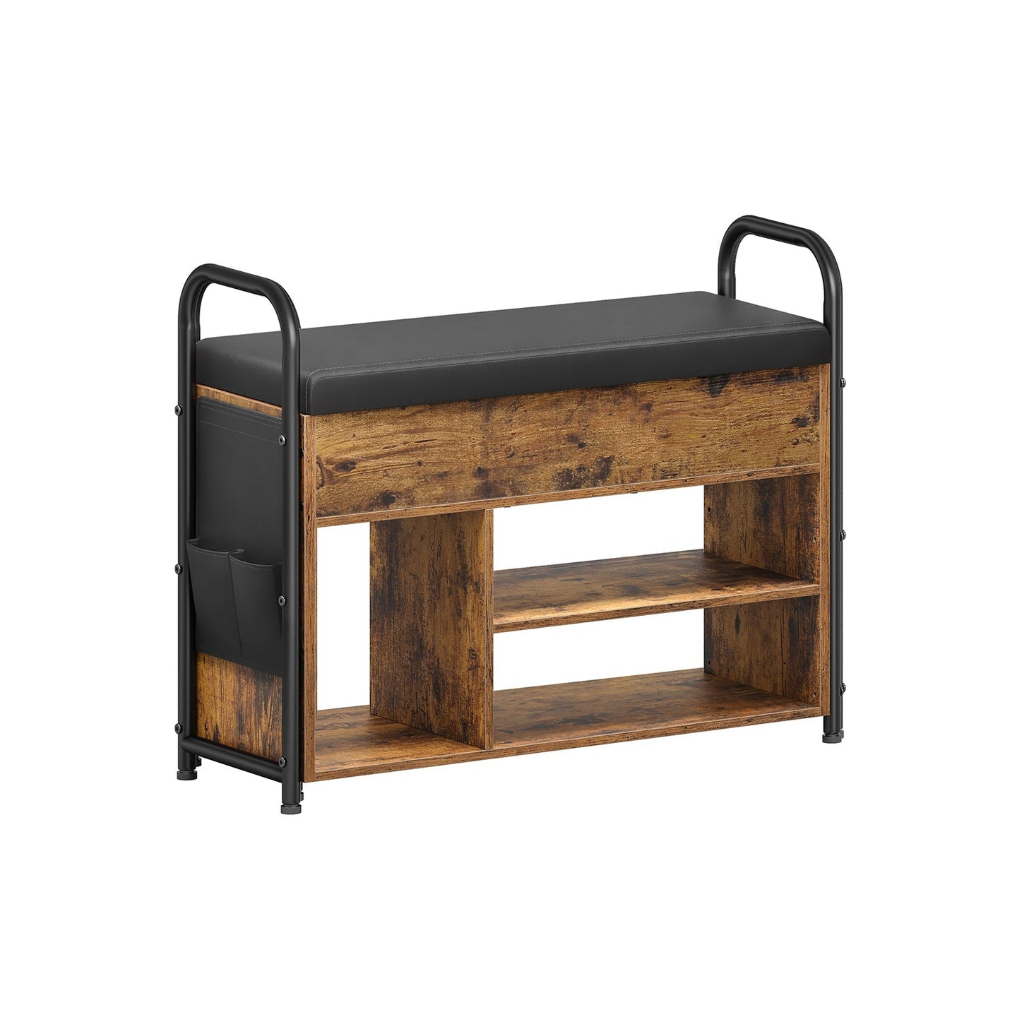 Shoe Storage Bench - Wood - Rustic Brown - Inner Storage with PU Pockets and Handles