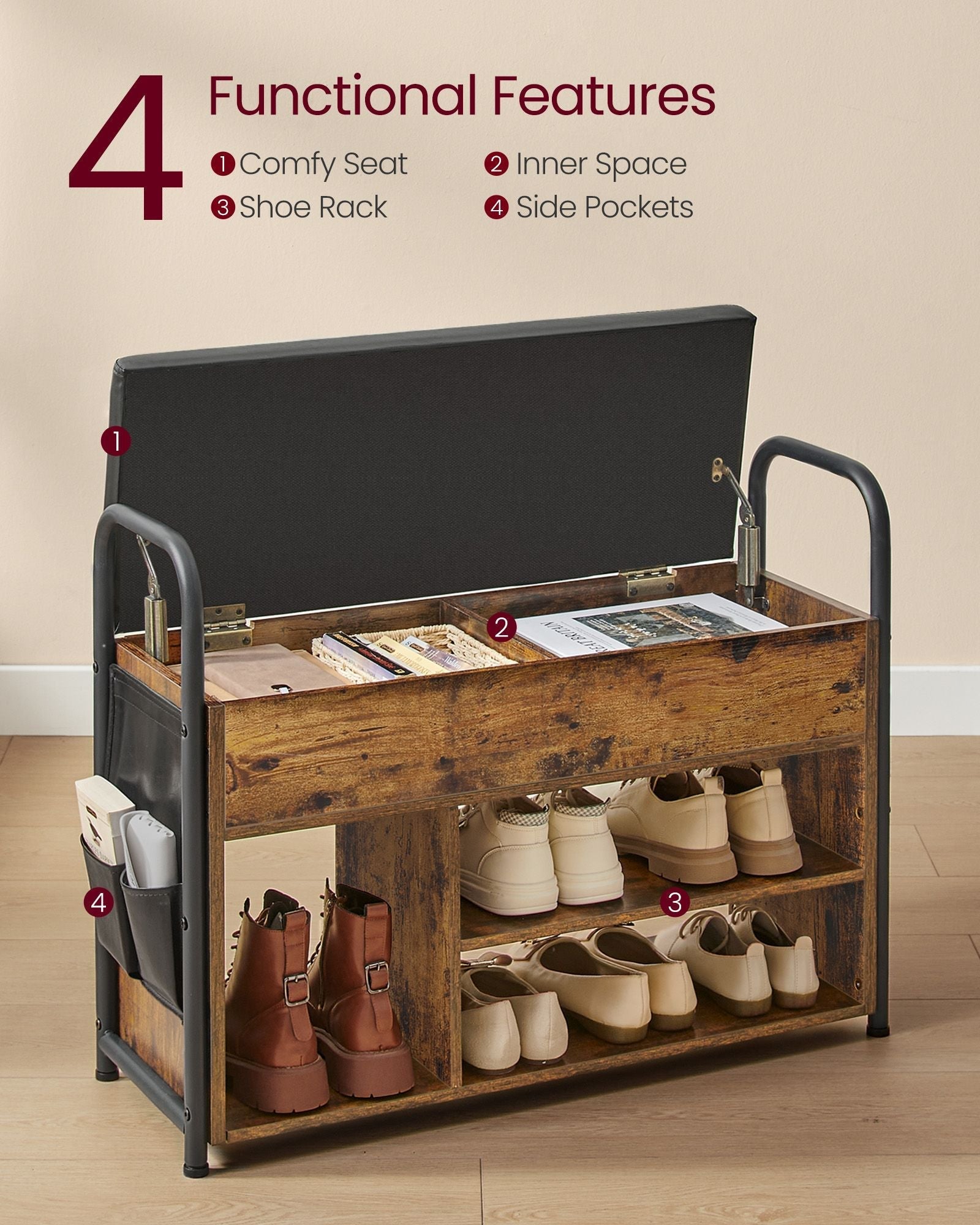 Shoe Storage Bench - Wood - Rustic Brown - Inner Storage with PU Pockets and Handles