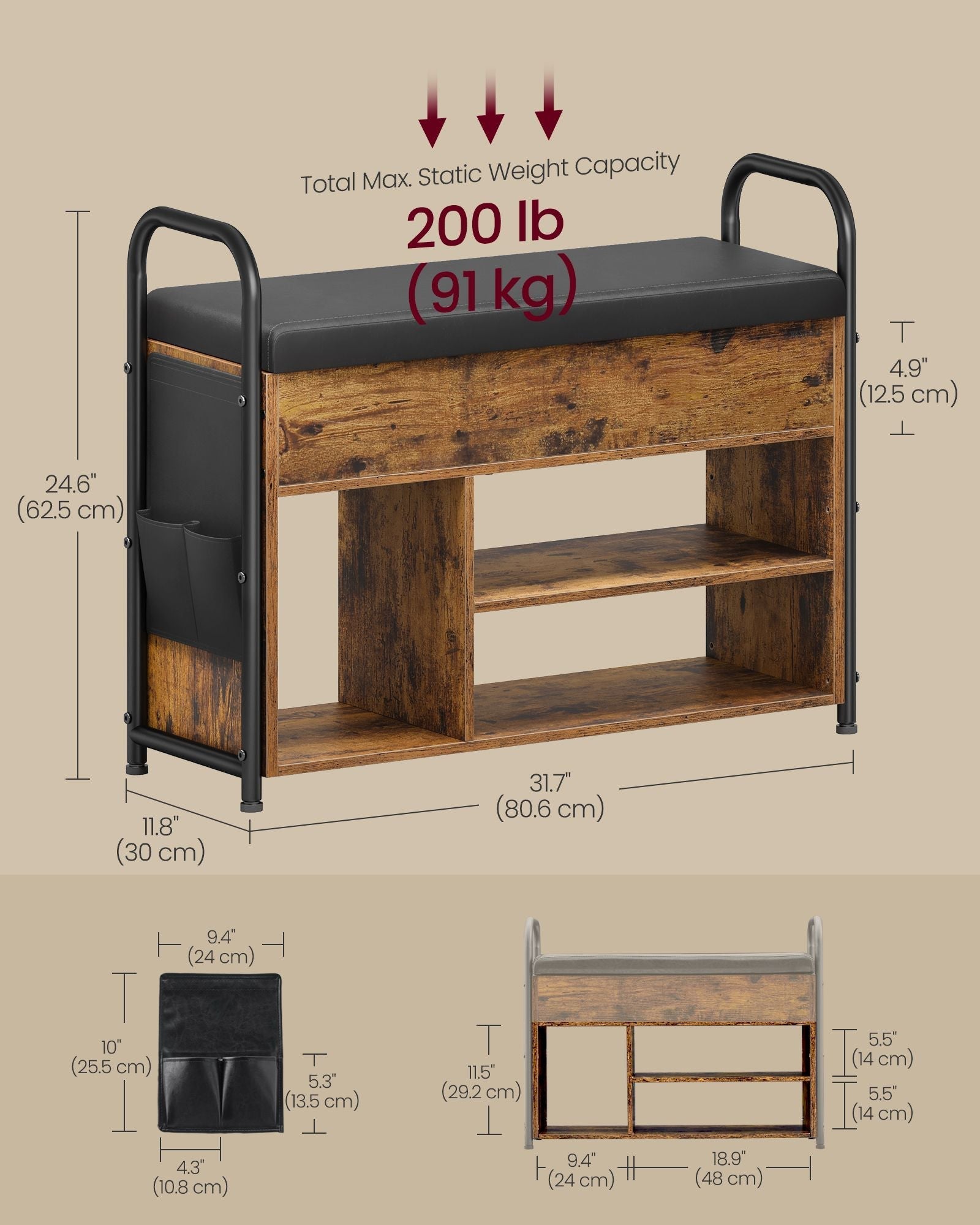Shoe Storage Bench - Wood - Rustic Brown - Inner Storage with PU Pockets and Handles