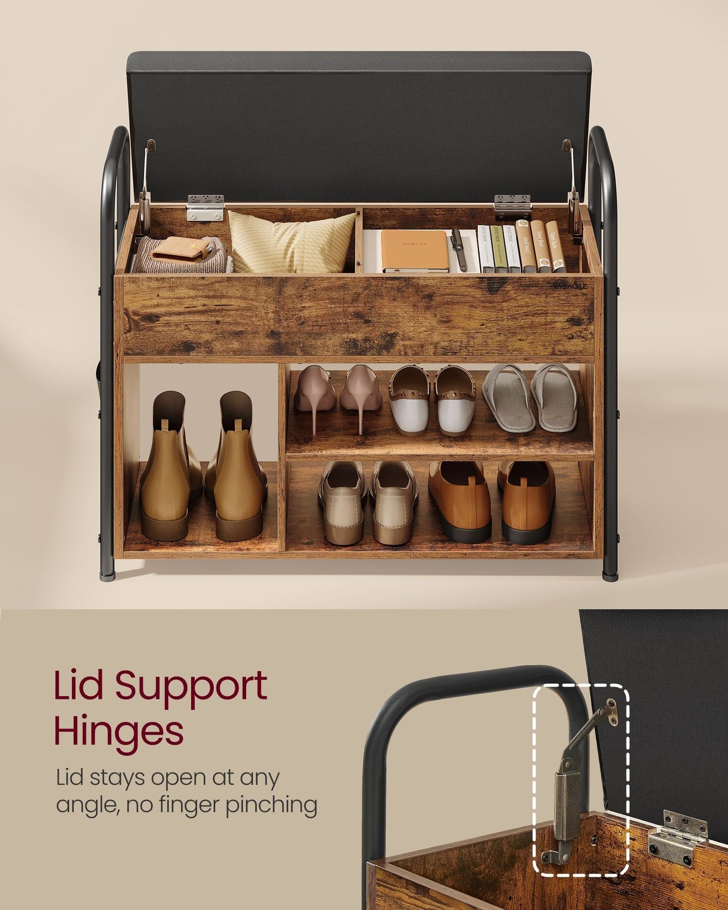 Shoe Storage Bench - Wood - Rustic Brown - Inner Storage with PU Pockets and Handles