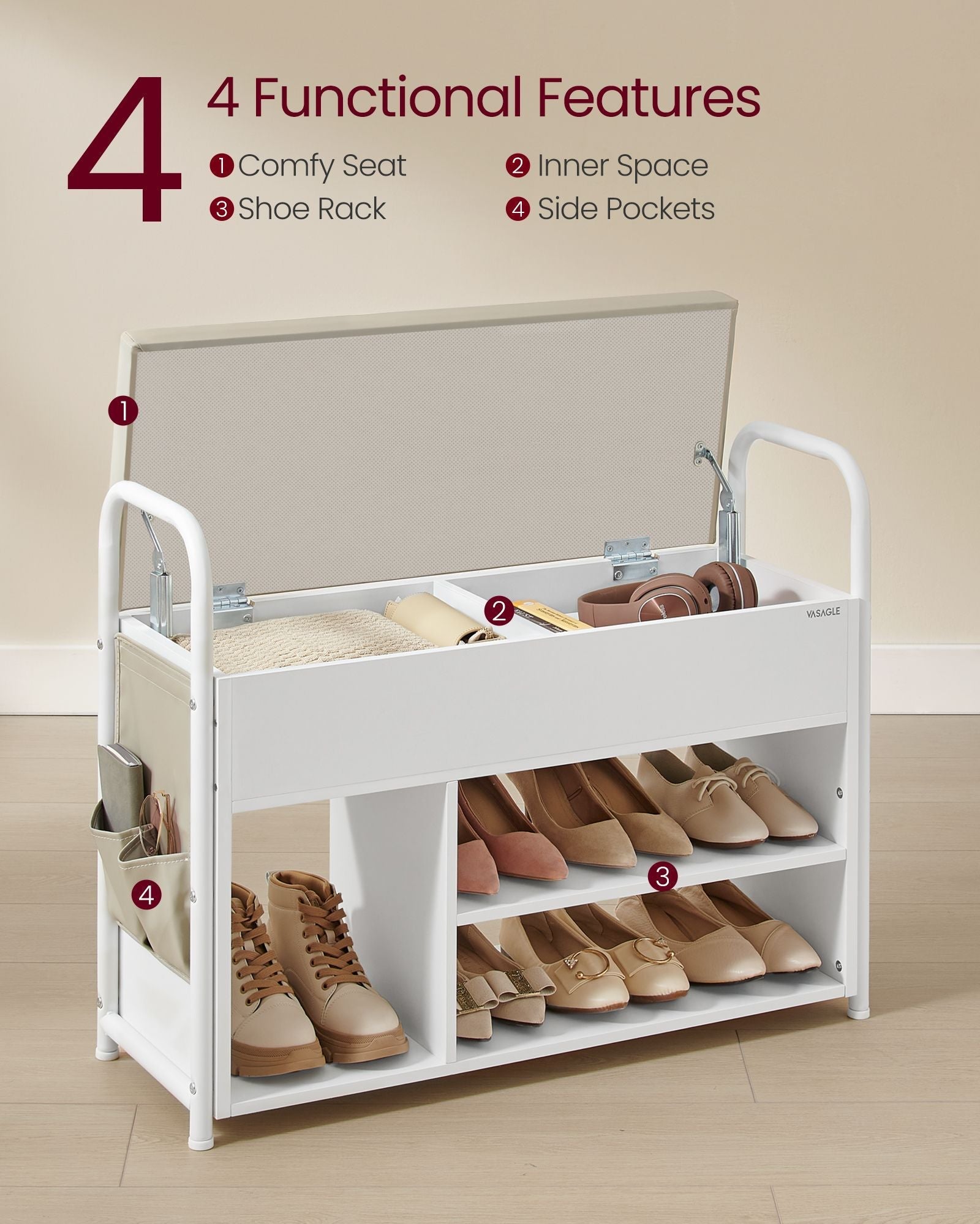 Shoe Bench - Wood - Rustic Brown - Inner Storage with Convenient Handles