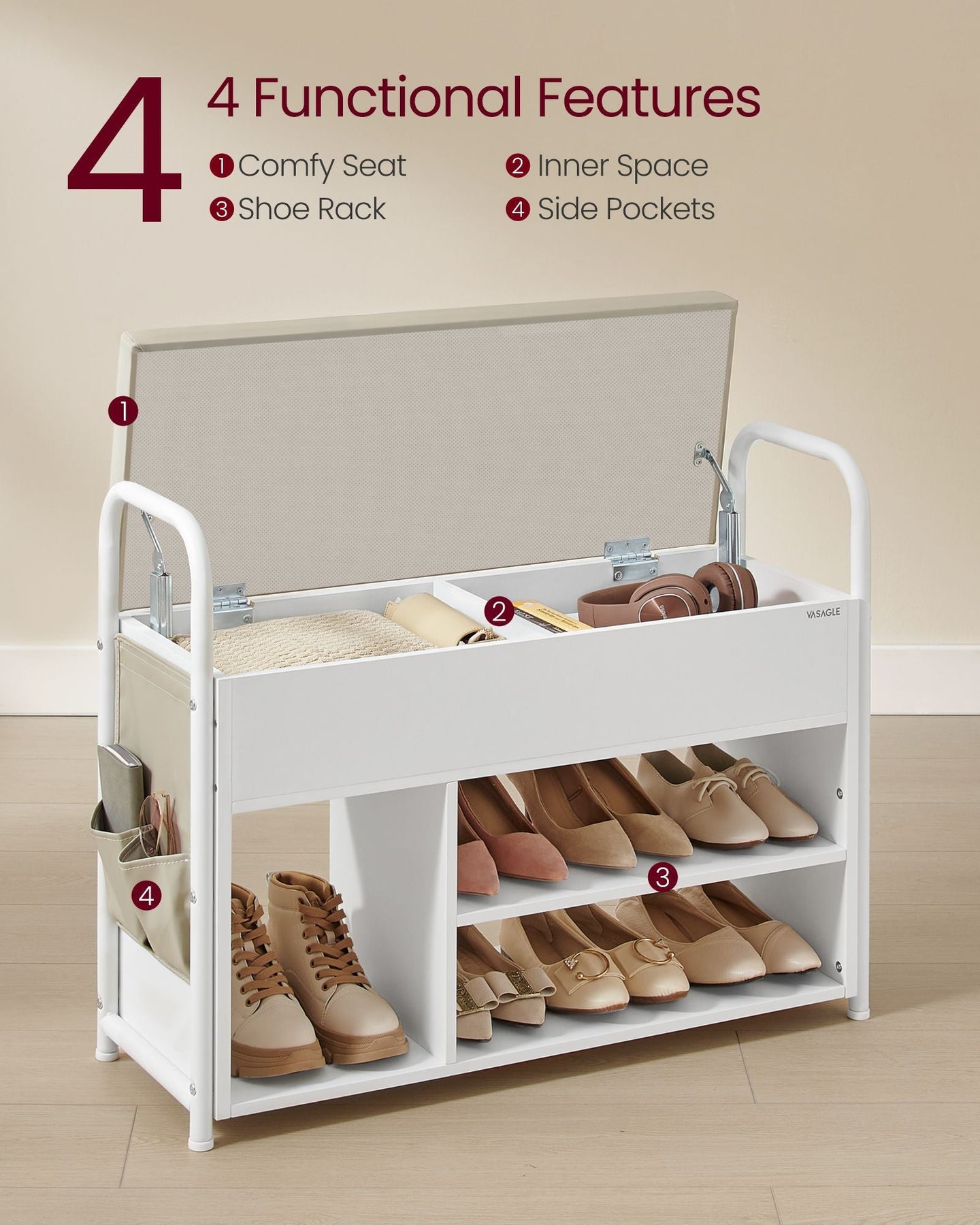 Shoe Bench - Wood - Rustic Brown - Inner Storage with Convenient Handles