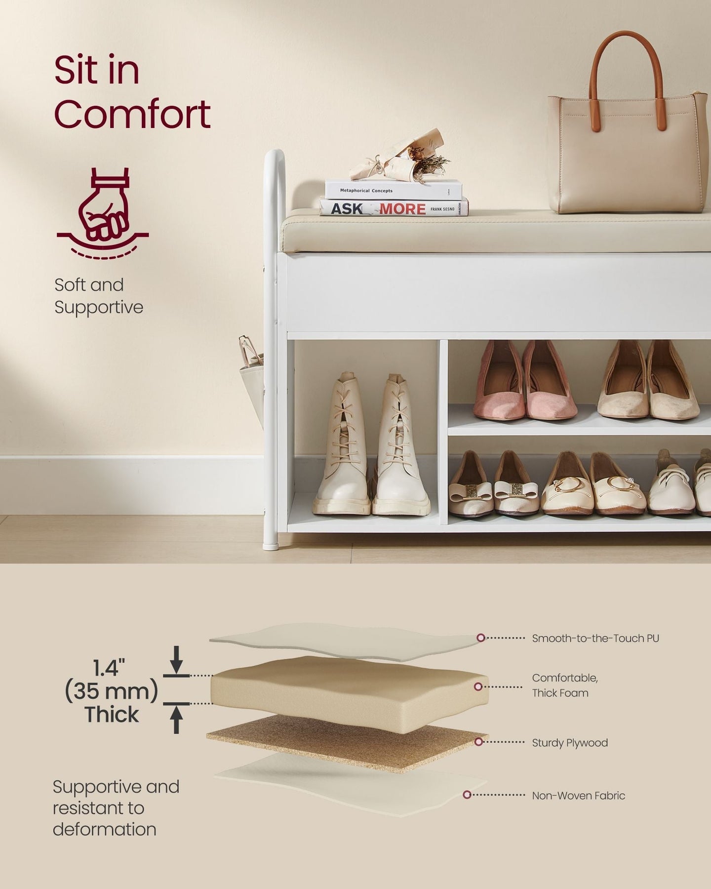 Shoe Bench - Wood - Rustic Brown - Inner Storage with Convenient Handles