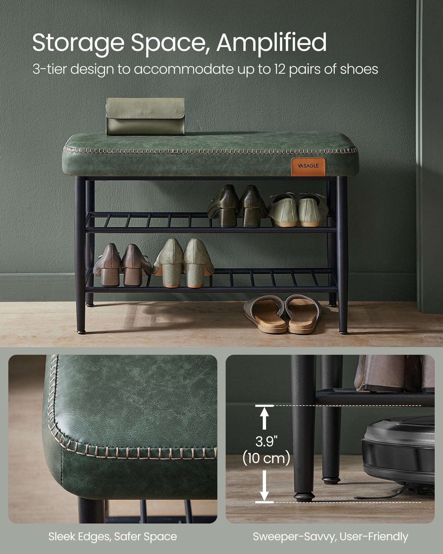 Shoe Bench - Synthetic Leather - Brown - Mid-Century Modern with Storage and Shoe Rack Features