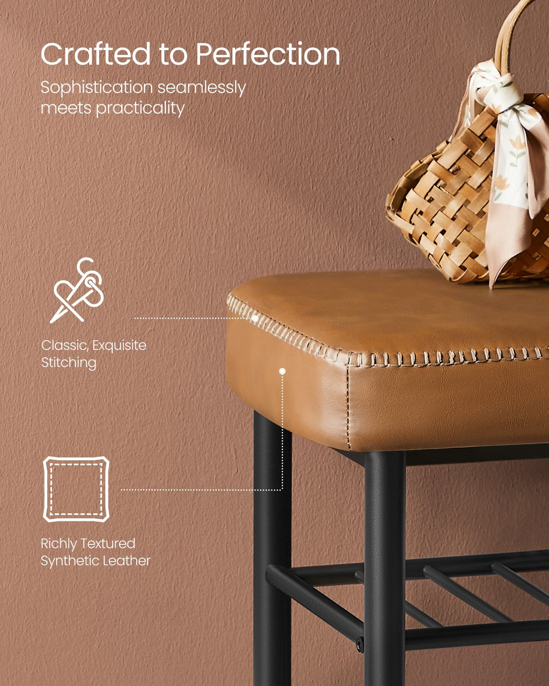Shoe Rack Bench - Synthetic Leather - Brown - 135 kg Load Capacity