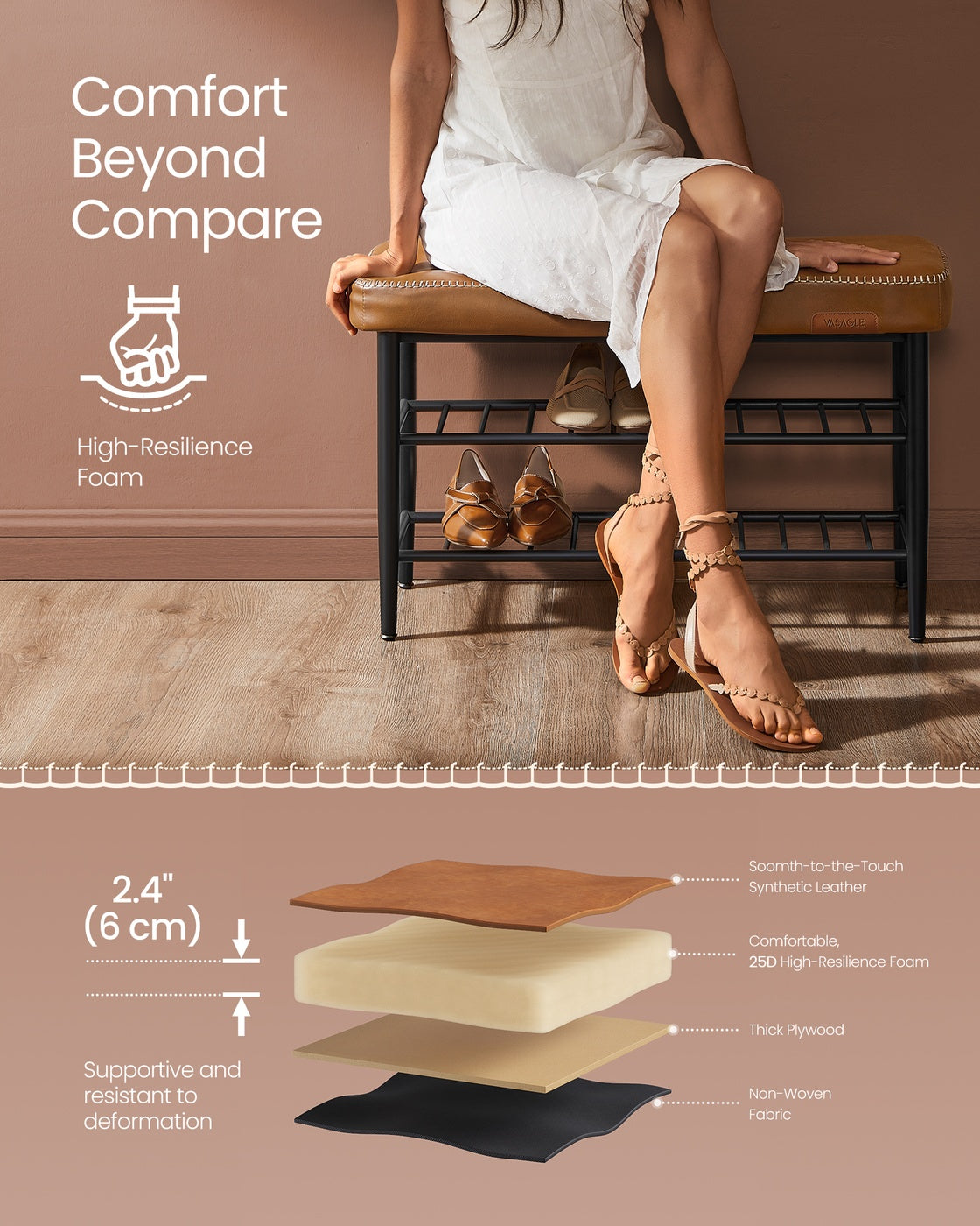 Shoe Rack Bench - Synthetic Leather - Brown - 135 kg Load Capacity