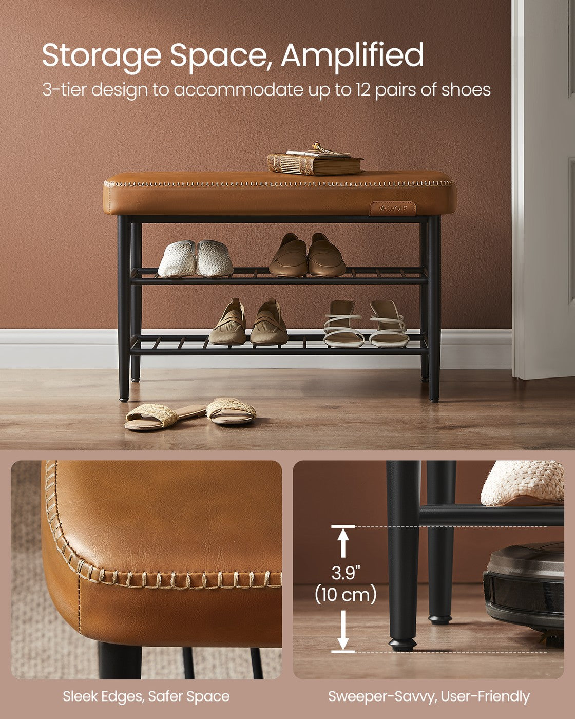 Shoe Rack Bench - Synthetic Leather - Brown - 135 kg Load Capacity