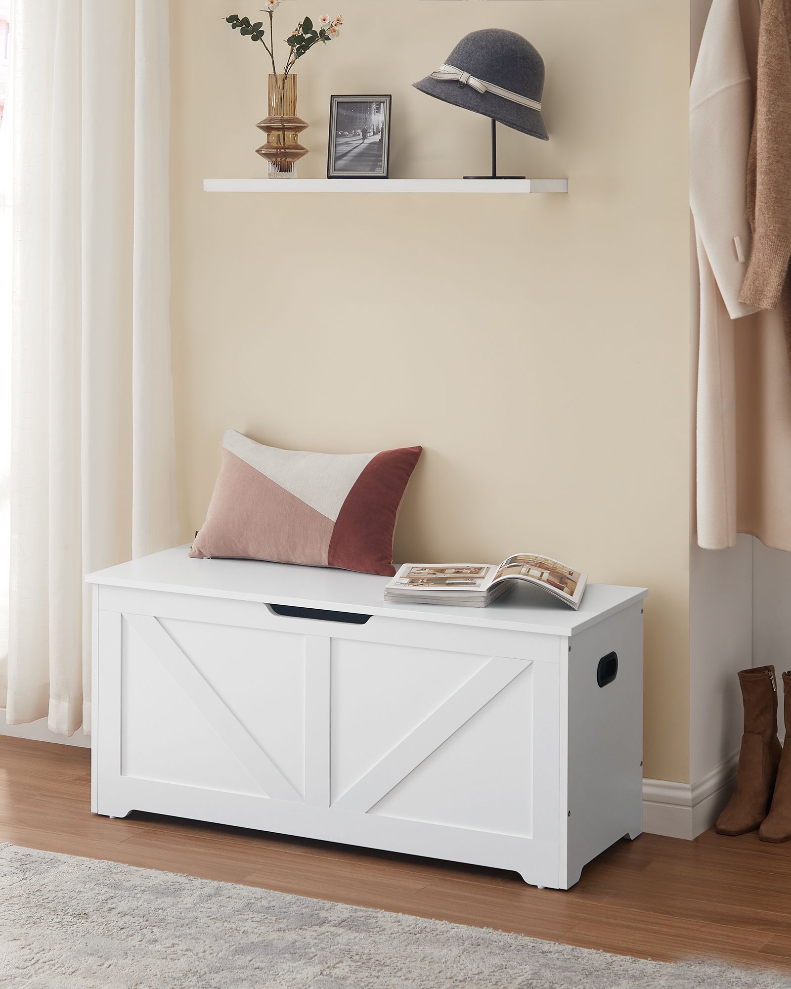Storage Bench - Engineered Wood - Rustic Brown - Toy Chest with Safety Hinges