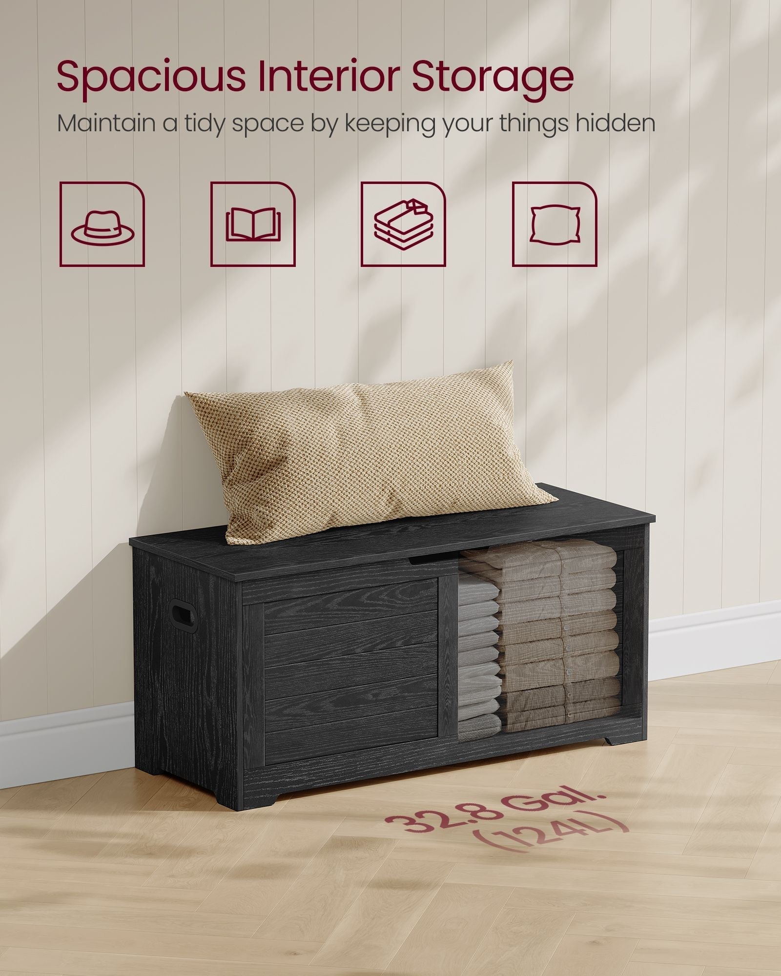 Storage Chest - Engineered Wood - Ebony Black - Safety Hinges